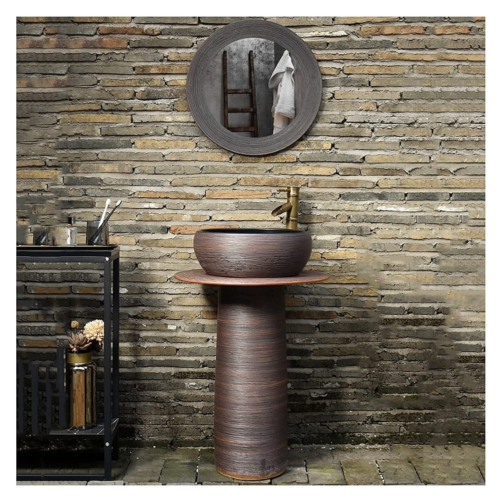 Freestanding Pedestal Sink Home Hotel Art Basin, Pedestal Bathroom Sink Vessel Sink Combo Toilets Basins Handmade, Kaolin Clay Pedestal Sink with Drain Installation Hole(Full Set)