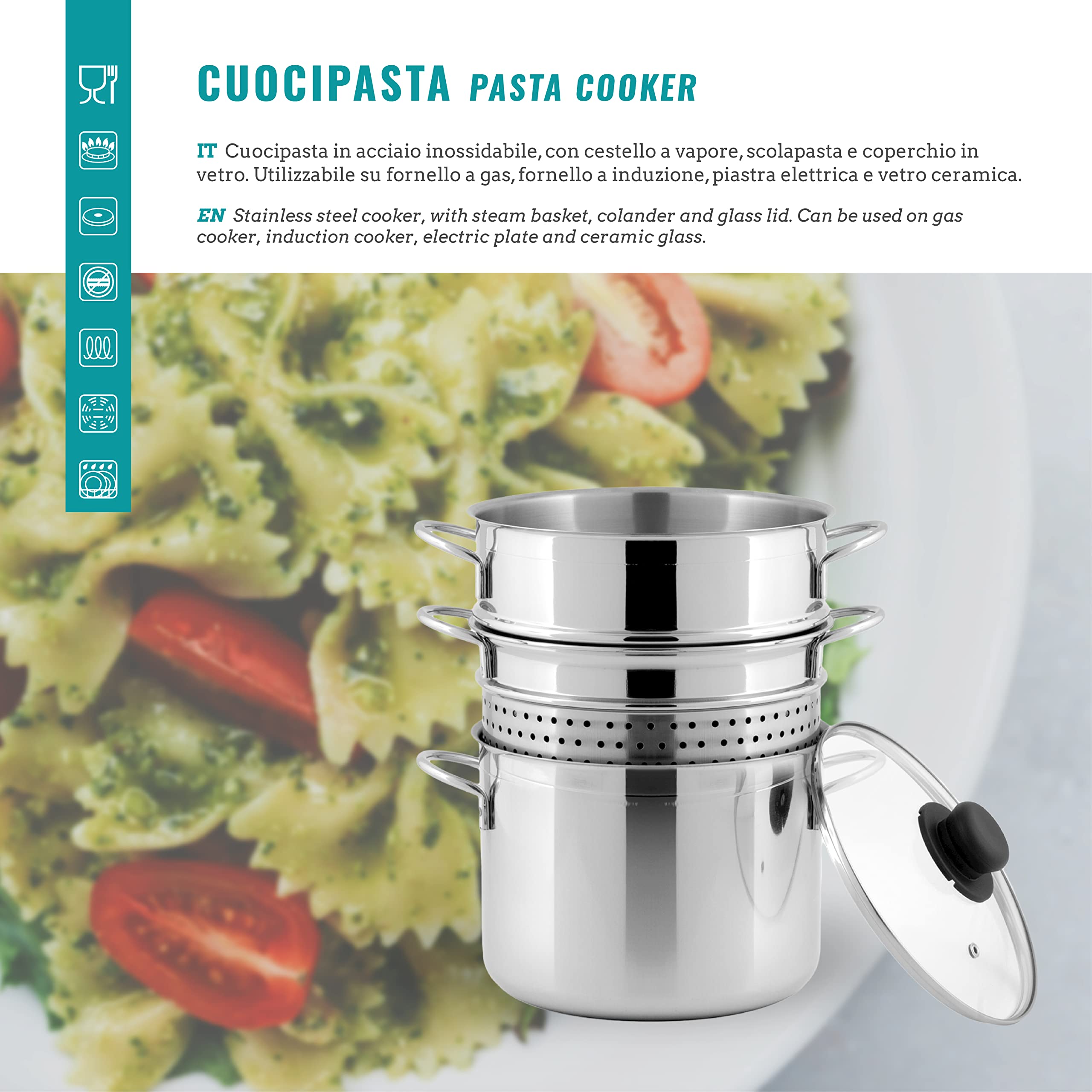 540629, Cuocipasta Inoxpasta in Acciaio Inossidabile, Cestello a Vapore con Coperchio in Vetro da 22 cm, Pentola e Scolapasta Insieme, Utilizzabile nel Gas, Piastra Elettrica e Vetro Ceramica