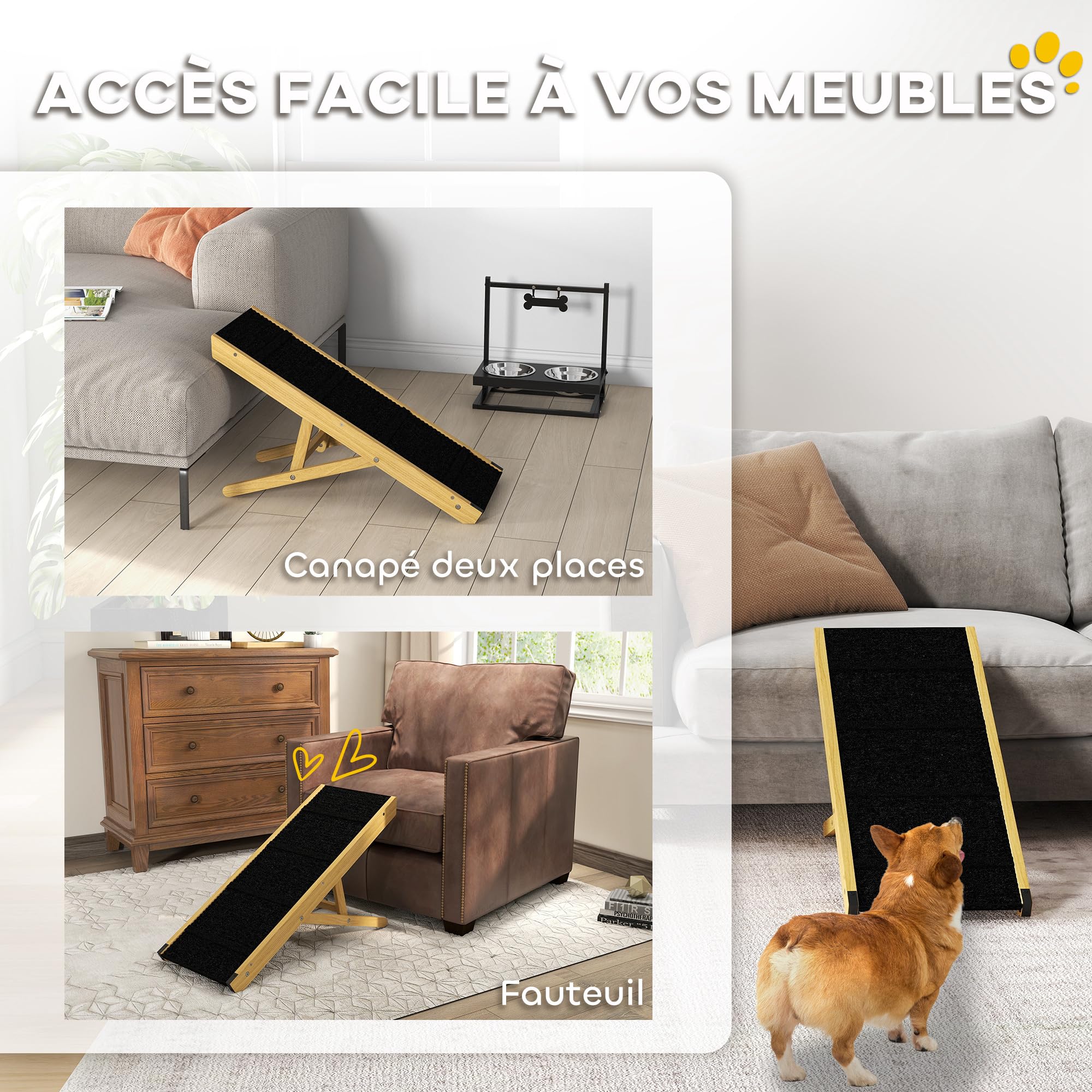 PawHut Rampe Pliable pour Chiens en Bois avec Hauteur Réglable 4 Niveaux, Surface Antidérapante, 83,5 x 35 x 47,5 cm