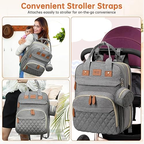 Miniatura 9 de Mochila para pañales, multifuncional, impermeable, con cambiador, puerto USB y correas para cochecito, Gris, Grande, Moderno