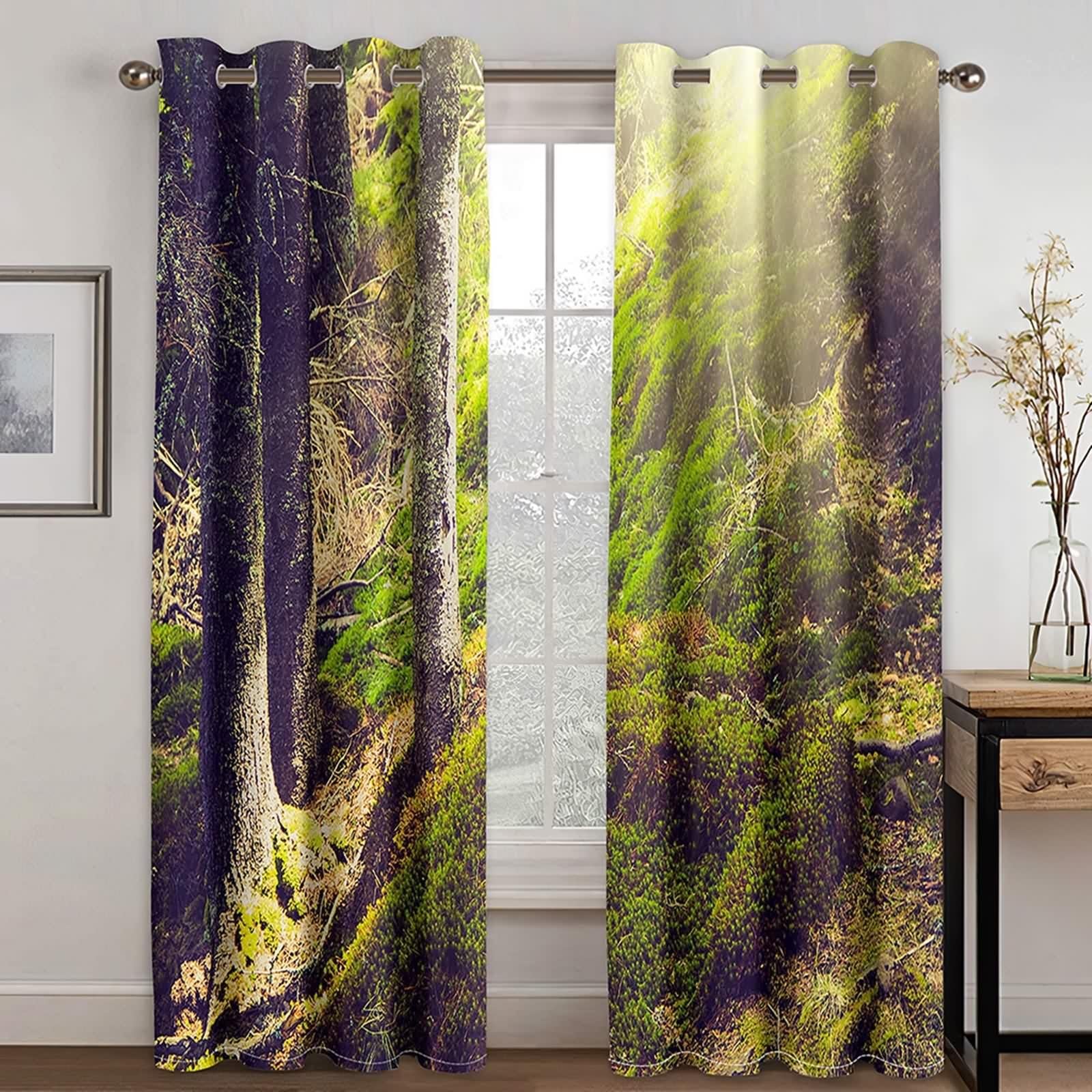Rideaux Verts, Rideau Cuisine Long Polyester Les Arbres et La Lumière du Soleil 132L x 160H CM Lot de 2