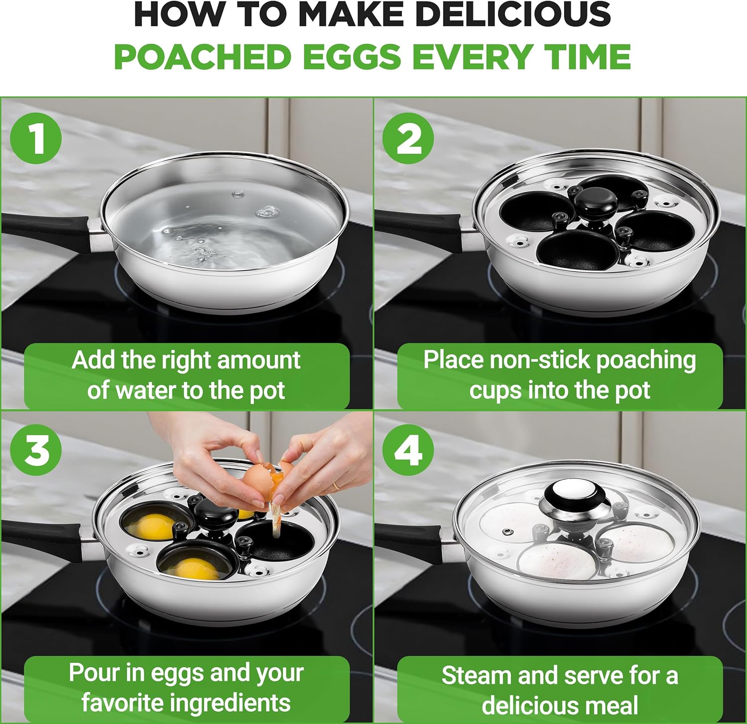 NutriChef Egg Poacher Pan Set - 7.87” Stainless Steel Poached Egg Cooker with 4 Non-Stick Poaching Cups, Glass Lid, Timer, Oven Mitt, and Spatula for Perfect Poached Eggs, Induction Compatible, Silver