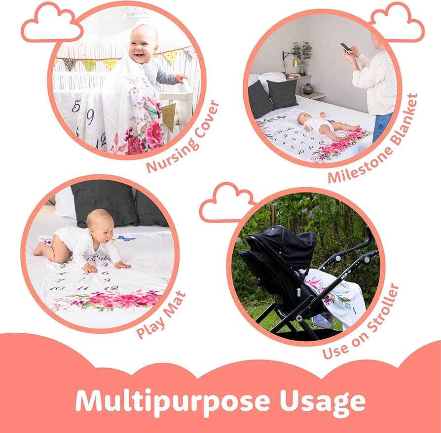 Luka & Lily ベビーマイルストーンブランケット - ウルトラソフトフリース マンスリーマイルストーンブランケット 赤ちゃん 女の子と男の子用  - 赤ちゃんの1年目の成長チャート - 月間赤ちゃんのマイルストーン - ピンクムーン - 60インチ x 40インチ 赤ちゃん月間マイルストーンブランケット 男の子と女の子用 月間ブランケット 赤ちゃん写真用ブランケット 新生児用 40" x