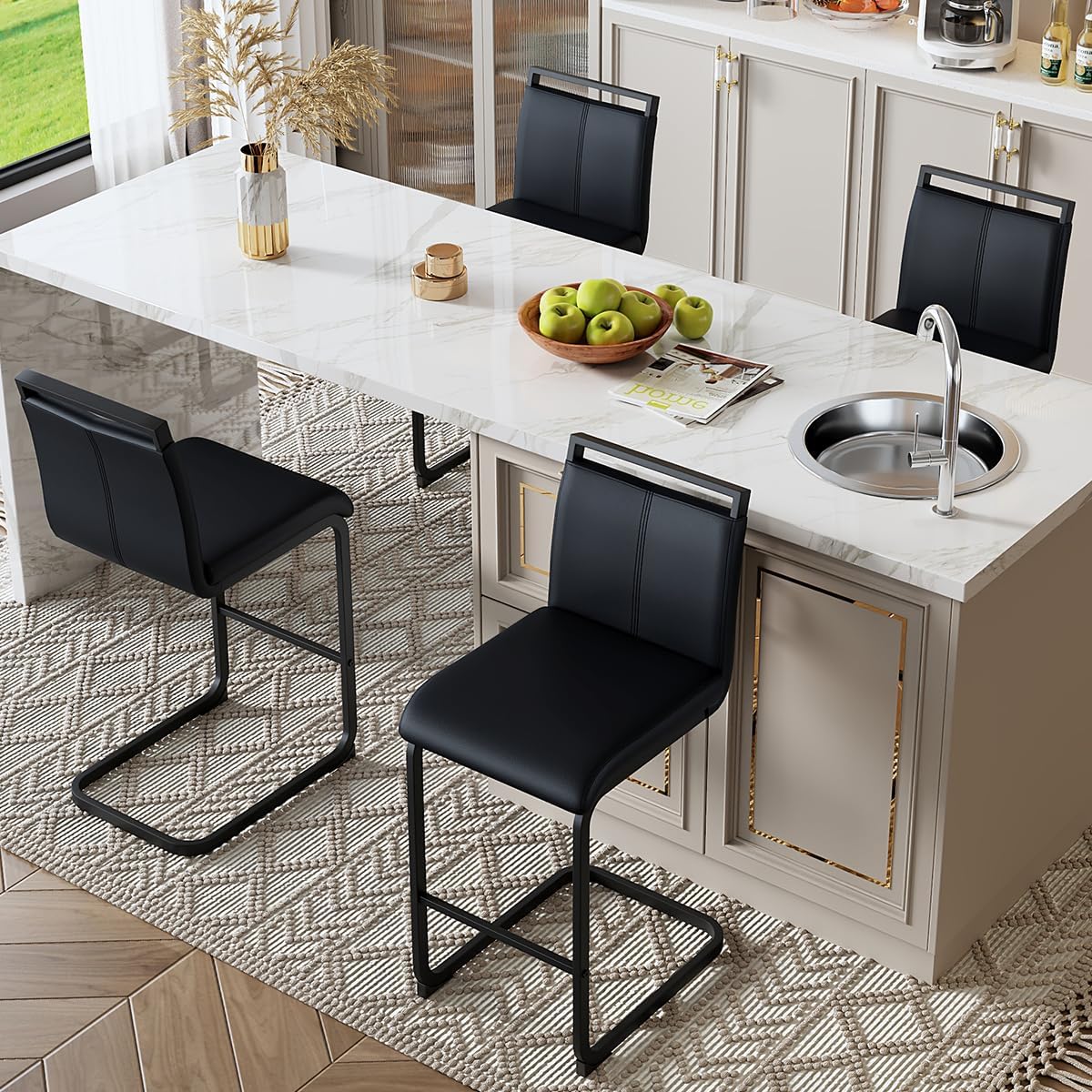 Counter Height Bar Stools Set of 4,25'' Bar Stools for Kitchen Island,Black Barstools with Back,Metal Barstools with Black Painted Metal Leg,Counter Height Chairs for Pub Kitchen Counter