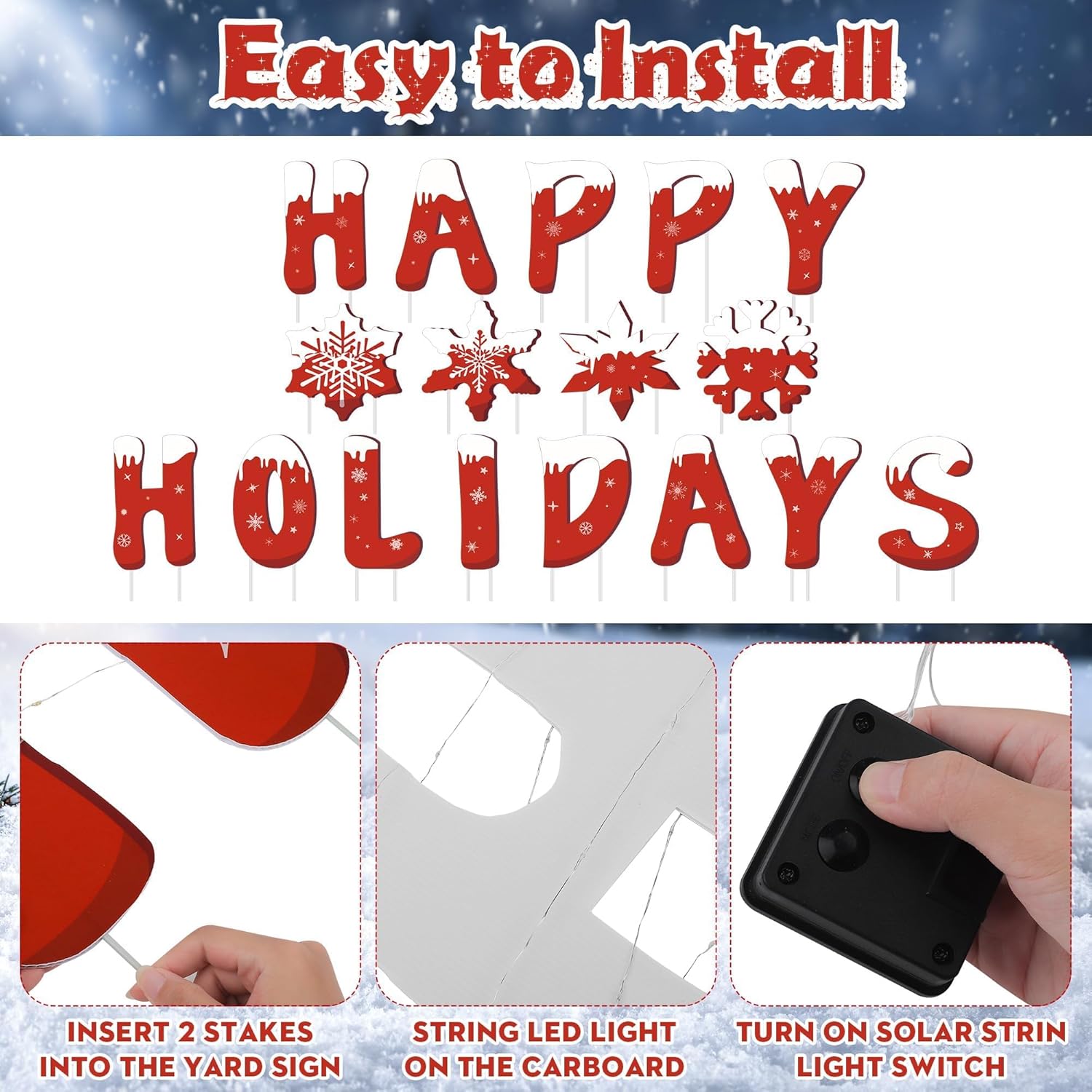 17 Pieces Happy Holidays Yard Signs with Stakes Large Christmas Red Snowflake Lawn Signs with Solar LED Light 15.7 Inch Letters Waterproof Outdoor Lawn Decorations for Christmas Party Holiday