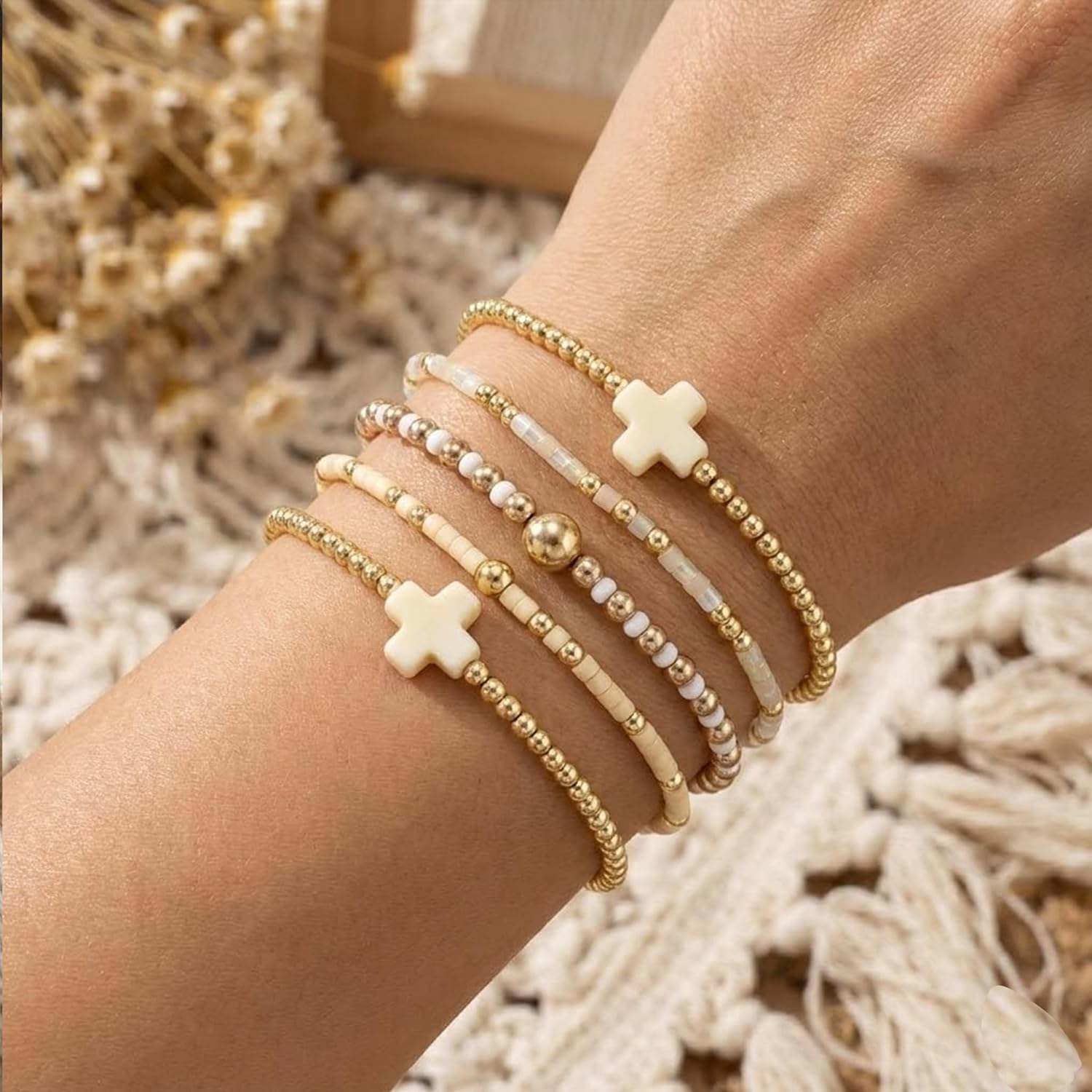 Gold Beaded Cross Bracelet for Women, 14K Plated Adjustable Stackable Dainty Bracelets, Non Tarnish Fashion Jewelry Set Gifts for Women Birthday Friendship - Image 6
