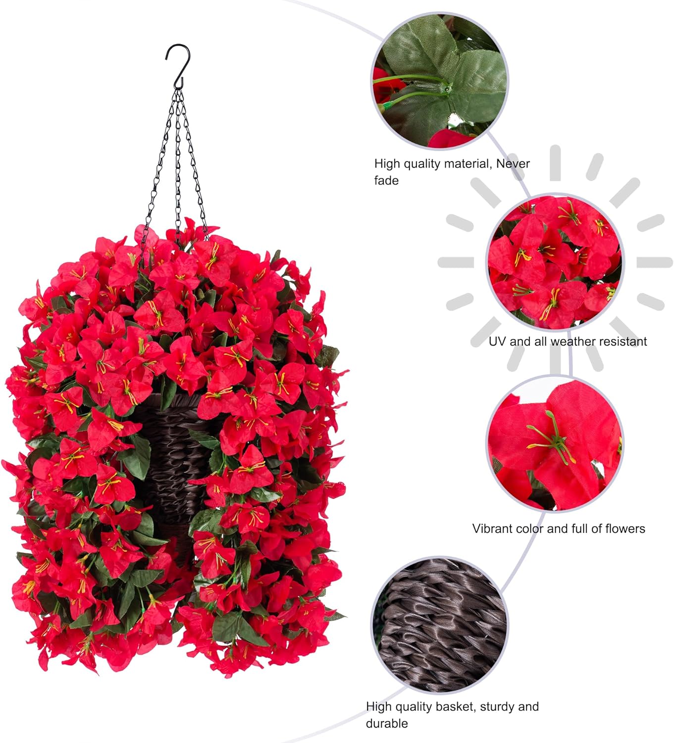 INSPRING Artificial Bougainvillea Faux Flowers Plants Baskets for Outdoor Outside Decoration, 3PCS Fake Silk Flowers Long Trailing Vines UV Resistant Realistic for Front Door Porch Patio (Red)