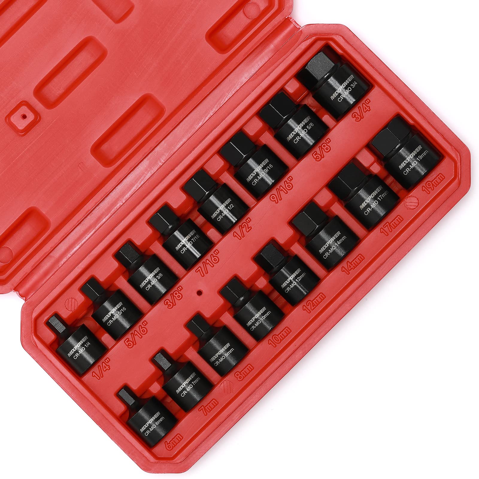 MIXPOWER Juego de controladores hexagonales de impacto de perfil bajo de 3 8 pulgadas 16 piezas SAE métrico hexagonal 1 4 pulgadas 3 4 pulgadas 6 mm 19 mm acero CrMo construcción de una pieza