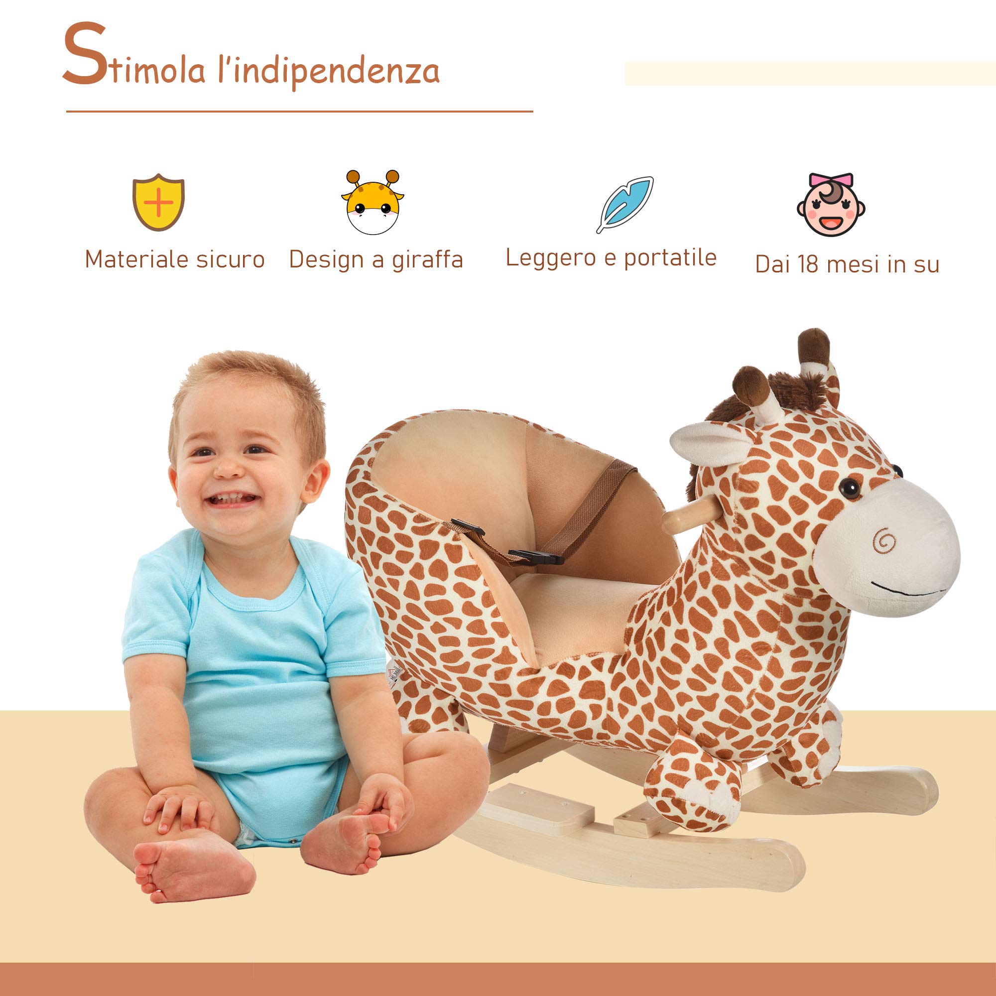 HOMCOM Cavallo a Dondolo in Legno Giraffa per i Bambini 60x33x45cm