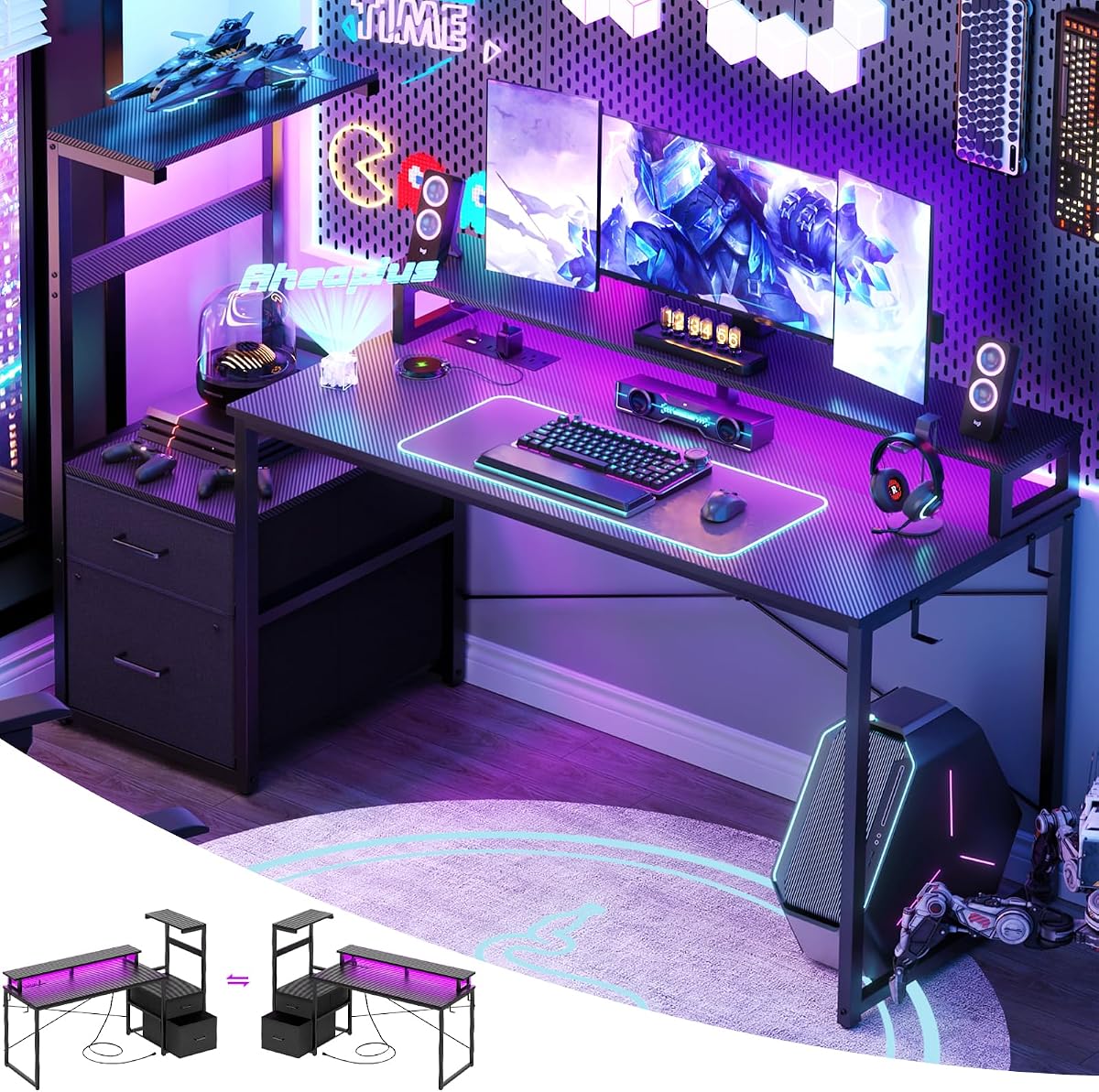 Aheaplus 59" Gaming Desk with RGB LED & Power Outlet &PC Case/Printer Stand | Reversible Computer Desk with Monitor Stand & Shelves & Fabric File Drawer, Home Office Desks, Gamer Table PC Desk, Black