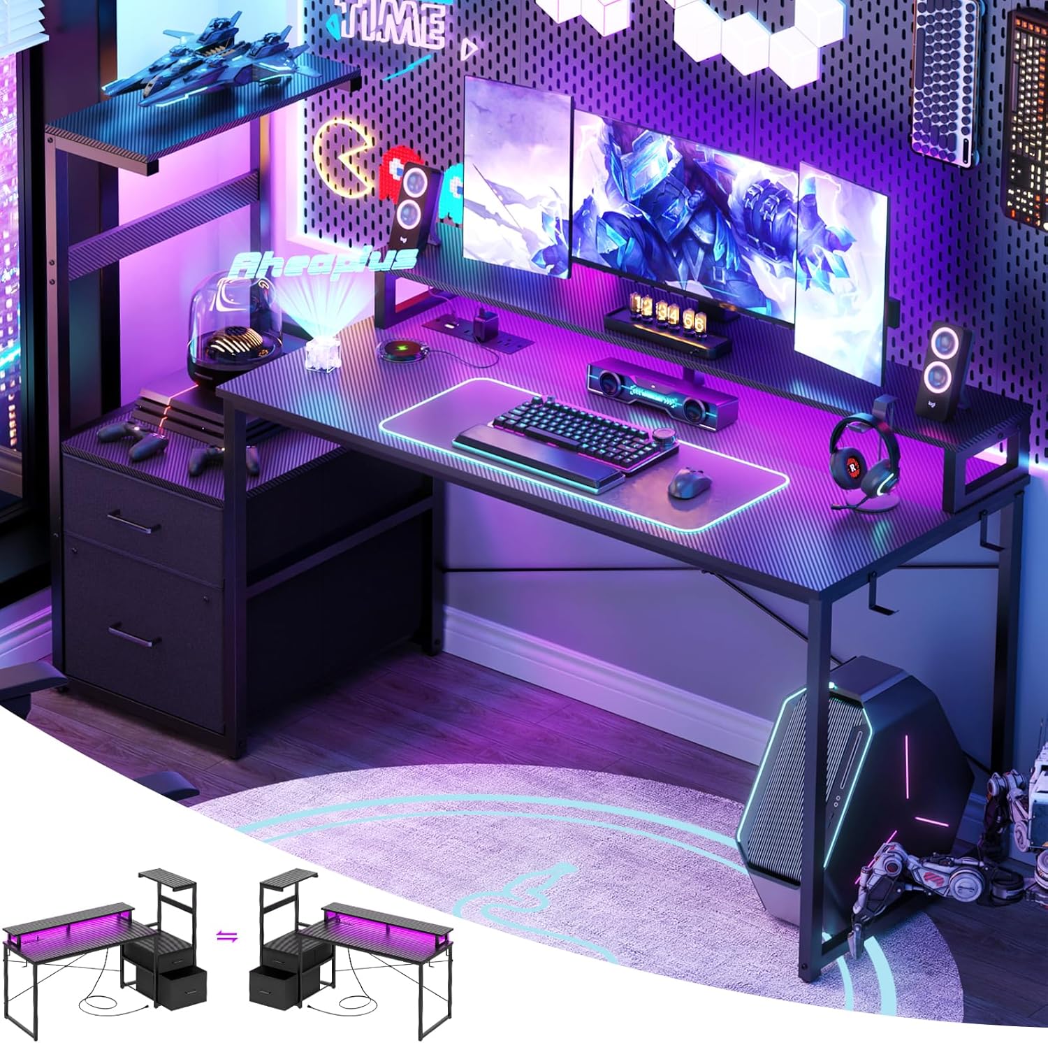 Aheaplus Gaming Desk with LED Strip & Power Outlet, 59Inch Reversible Computer Desk with Monitor Stand & Storage Shelves, Home Office Desks with Fabric File Drawer, PC Gamer Table, Carbon Fiber Black