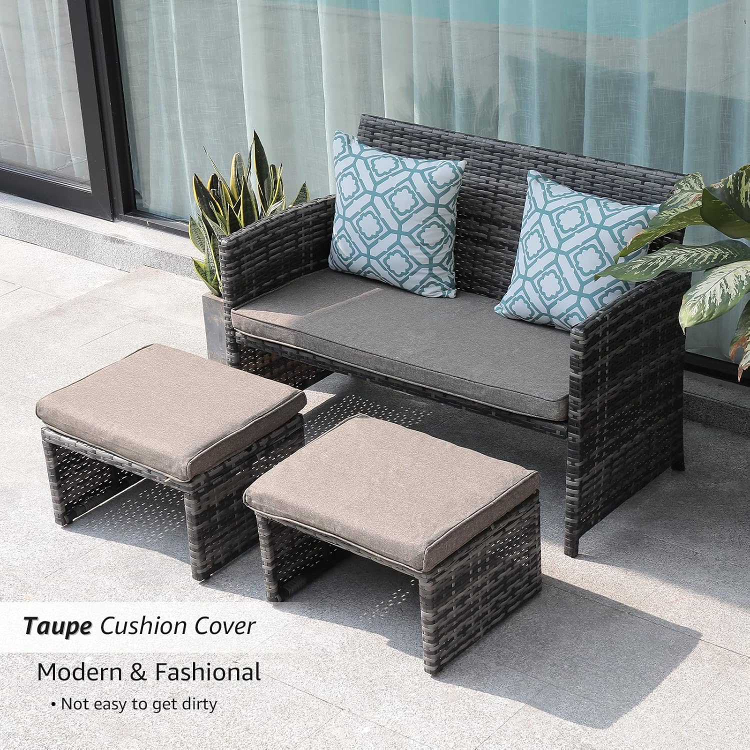 OC Orange-Casual Outdoor Loveseat Patio Furniture Rattan Conversation Set with Ottoman, White Cushions, Grey Wicker, Pillows Included : Patio, Lawn & Garden