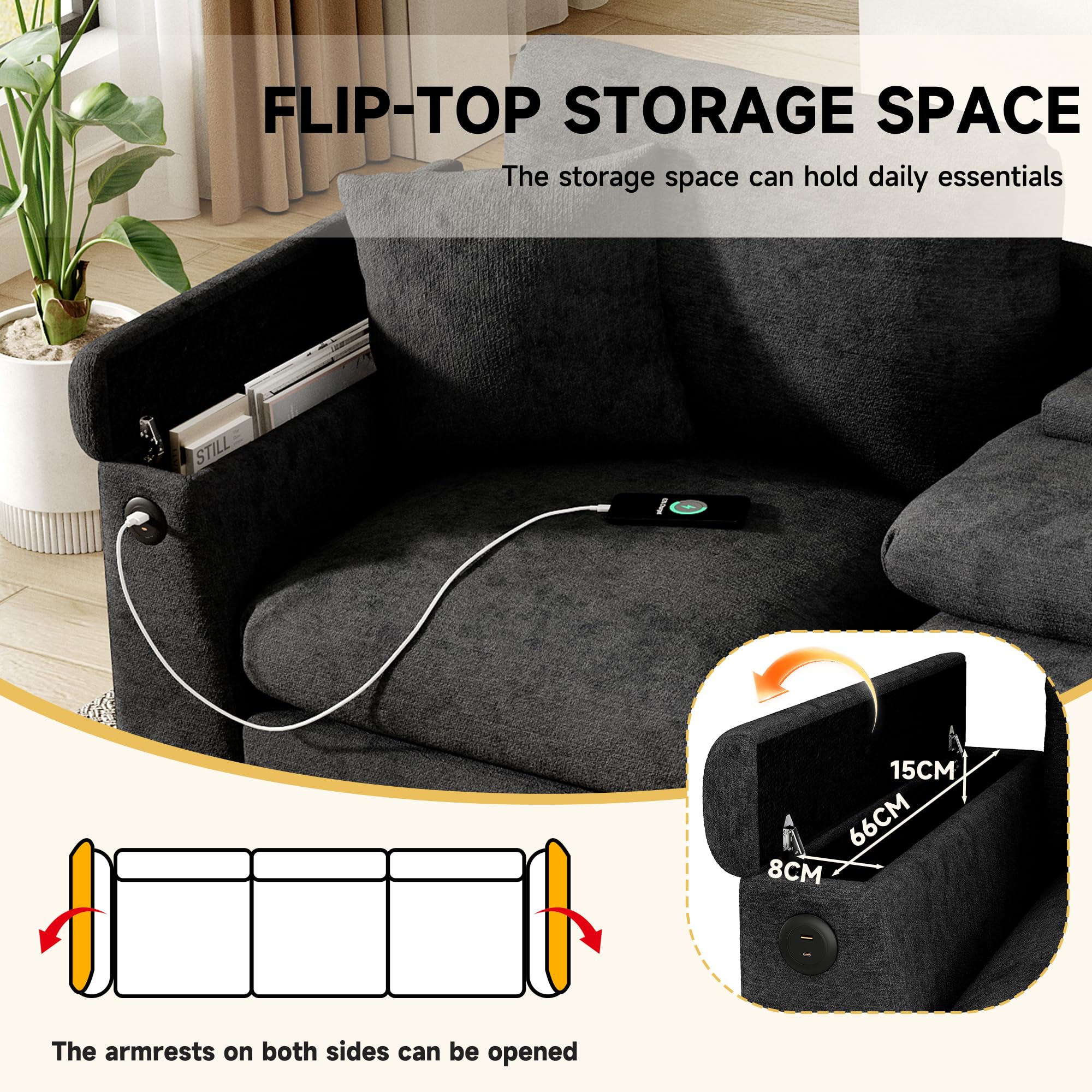 Divano 3 Posti in Ciniglia - 242 cm - Lavabile e Smontabile (Grigio) | Porta USB Integrata, Spazio di Archiviazione, 2 Cuscini Inclusi, Portabevande Ripiegabile, Multifunzionale