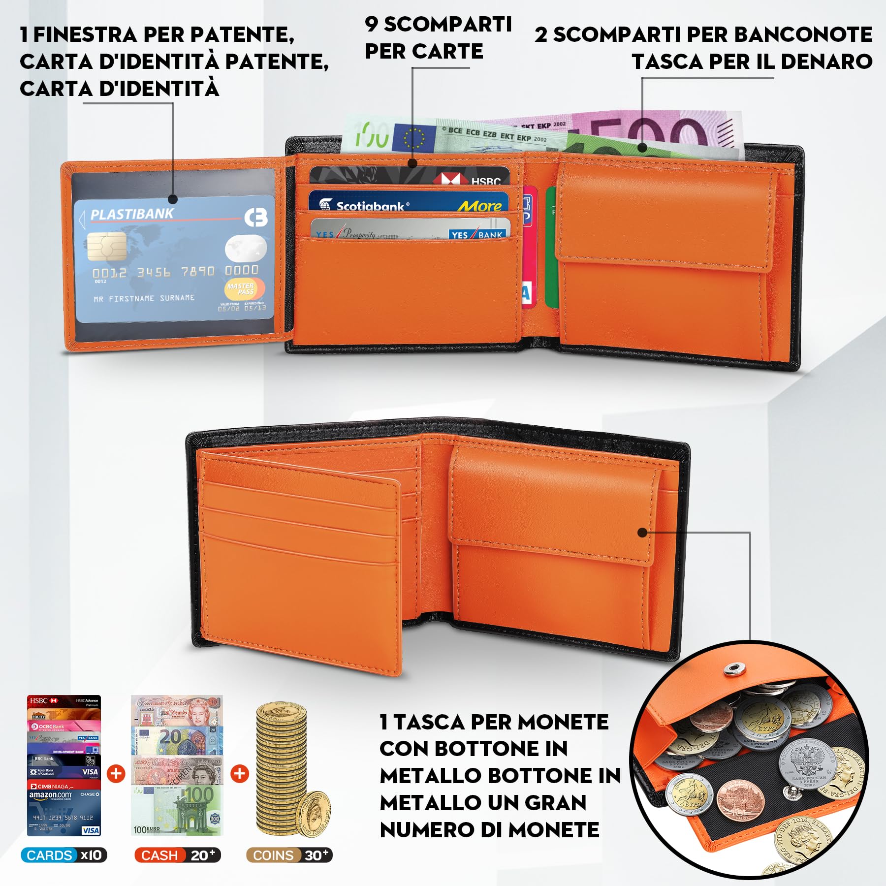 TEEHON® Portafoglio Uomo Slim Vera Pelle Blocco RFID, con Tasca Portamonete,2 Scomparti Banconote,10 Porta Carte di Credito, Portachiavi. Portafogli Piccolo Sottile-nero e arancione
