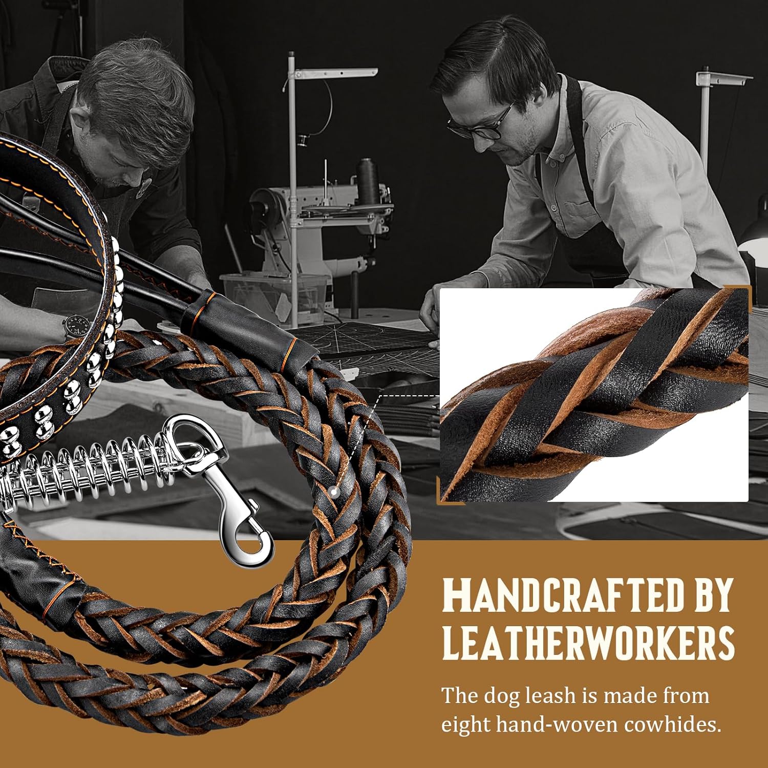 4FT Leather Dog Leash and Collar Set for Dog,Full Grain Leather Collar and Strong Hand-Woven Braided Leash,Sturdy Dog Training Leash for Walking,for Medium Heavy Duty and Large Dog, Brown