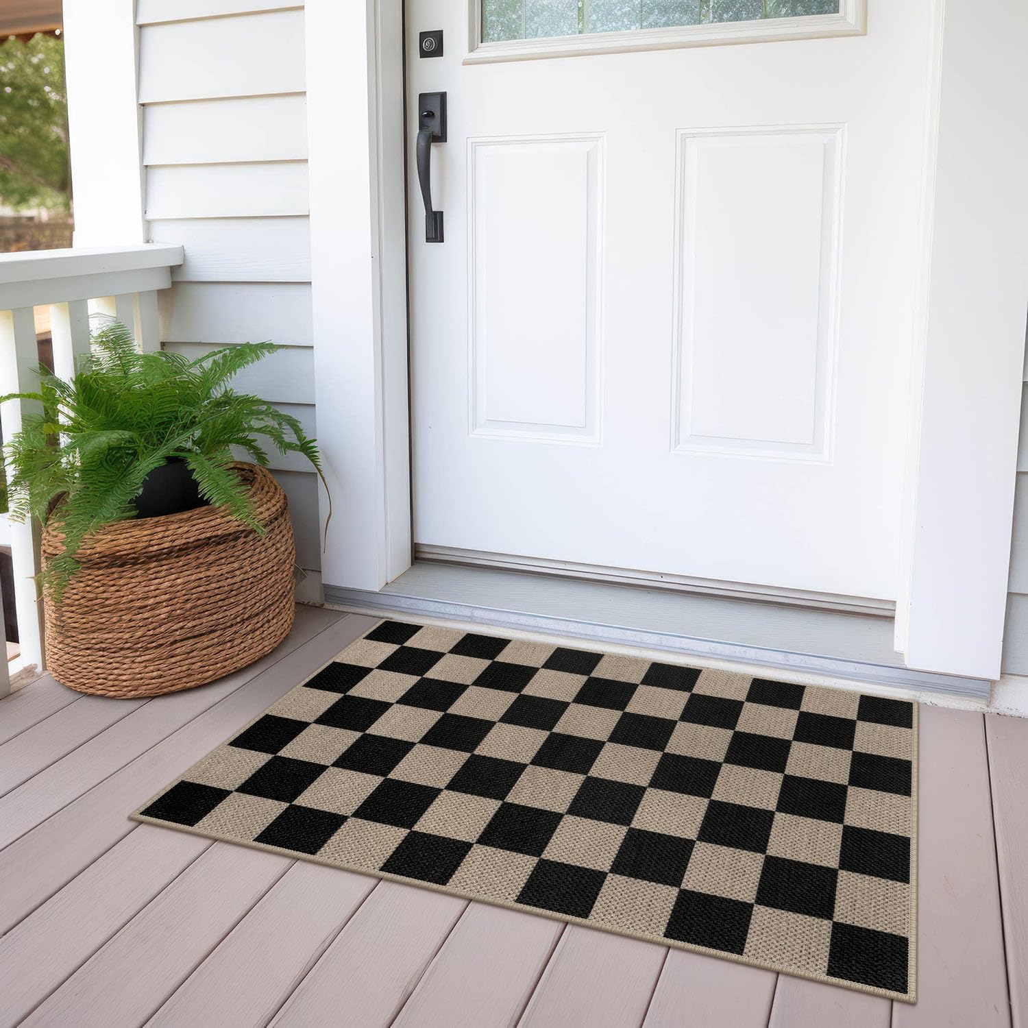 Rugalia Easy Jute Checkered Entryway Rug, 2x3 Black Modern Indoor Outdoor Doormat, Washable Non-Slip Small Kitchen Rug Farmhouse Checkerboard Throw Rugs for Entrance Bedroom Bathroom