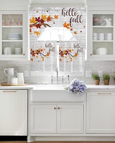 Miniatura 4 de Juego de 3 cortinas y cenefas de cocina, cortinas cortas de otoño con bolsillo para barra, cortinas de ventana de granero de madera para decoración