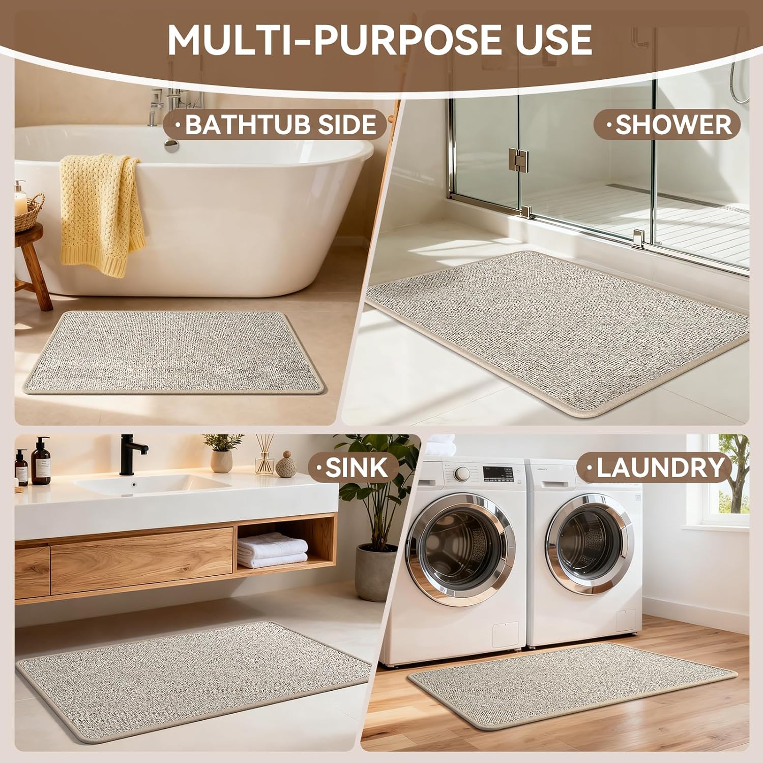 Non Slip Bathroom Rugs Washable, Rubber Backing Bath Mat, Absorbent Quick Dry Floor Mats for Bathroom, Outside Shower and Sink, Thin Bath Rugs Fits Under Door, 20”x31”, Brown