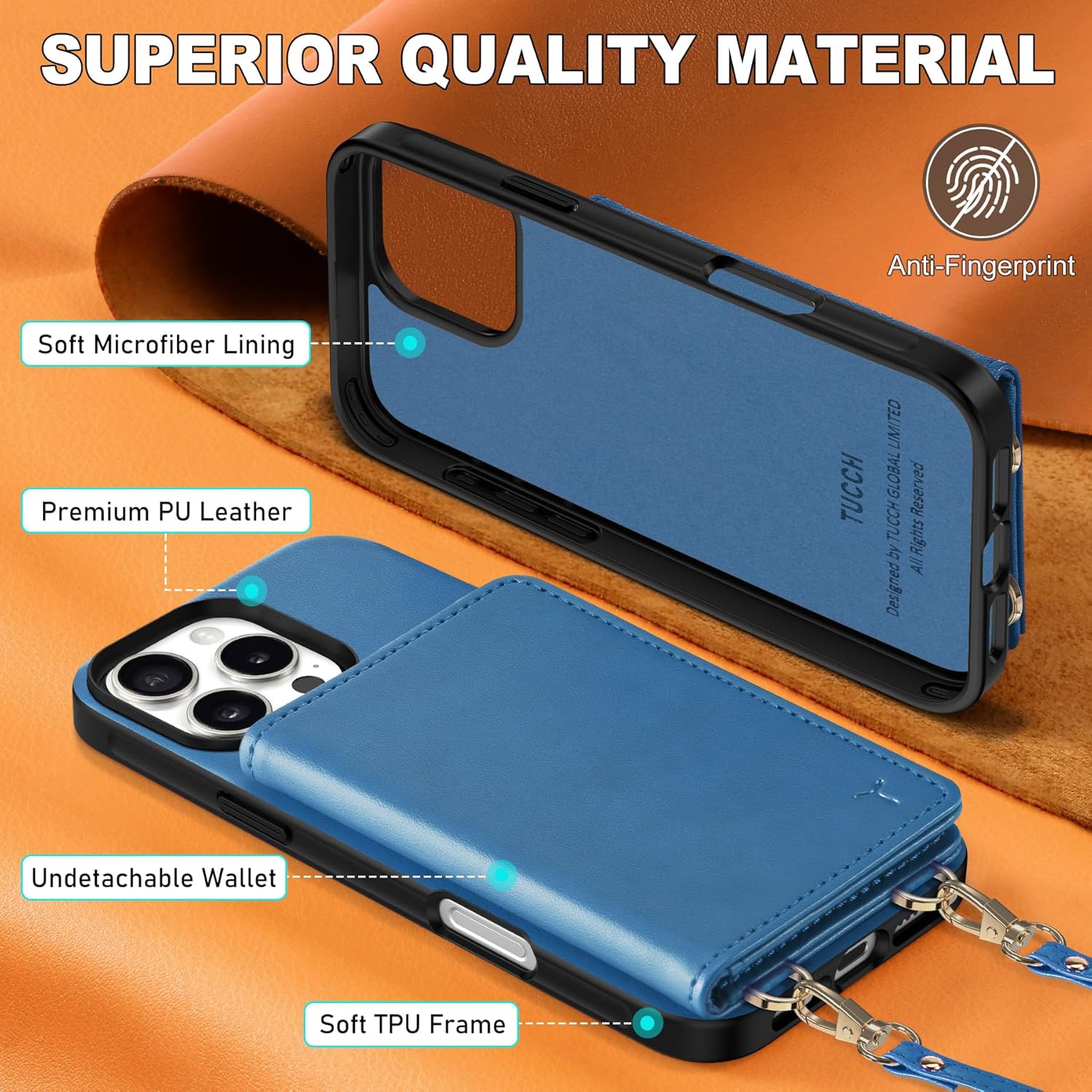 TUCCH Crossbody Case Wallet for iPhone 16 Pro, [Detachable Adjustable Lanyard] PU Leather Magnetic Closure Folio RFID Blocking [6 Card Slots], Protective Phone Cover for iPhone 16 Pro 6.3", Lake Blue - Image 7