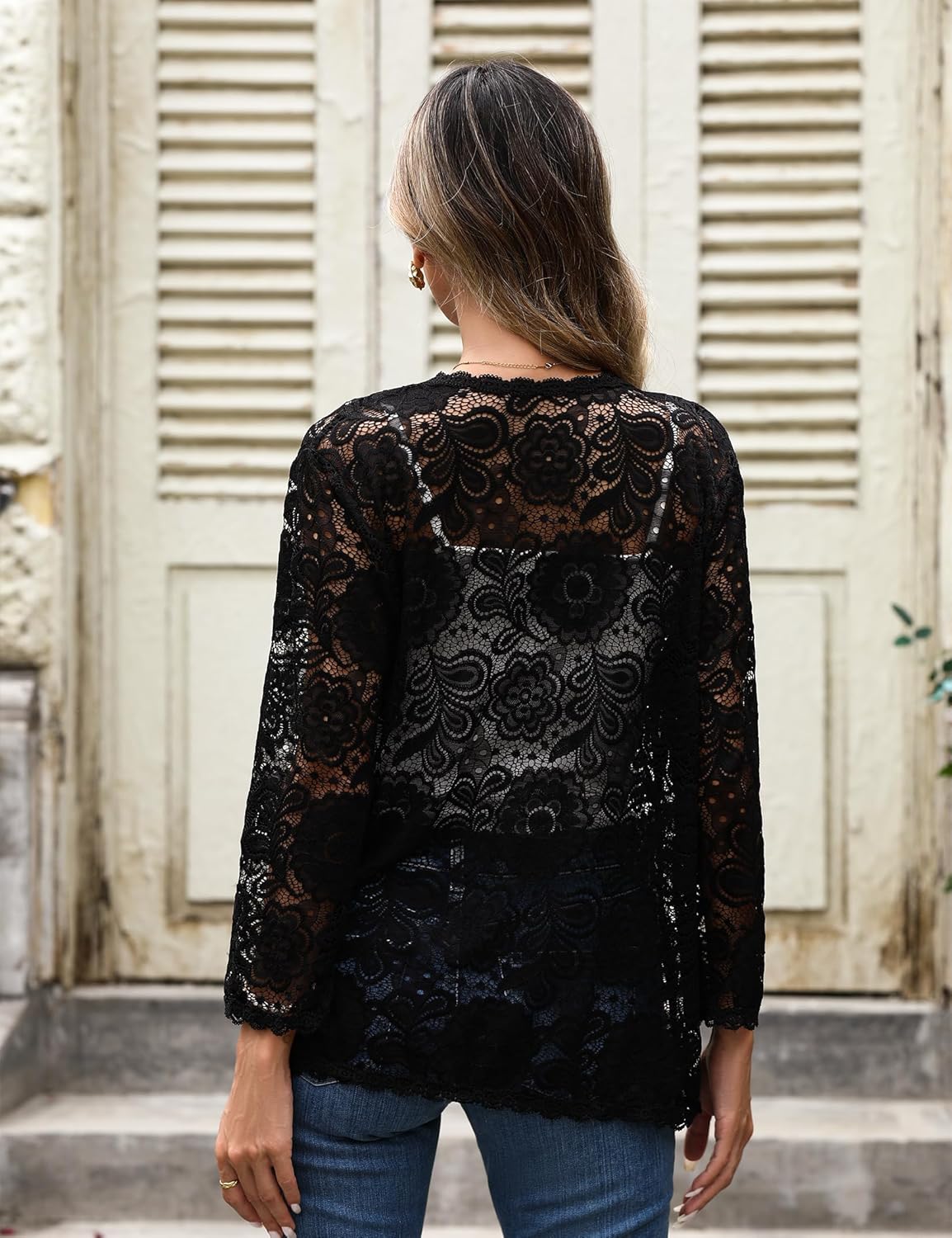 Women's Floral Lace Shrug Cardigan 3/4 Sleeve Lightweight Crochet Open Front Cardigans Tops - Image 7