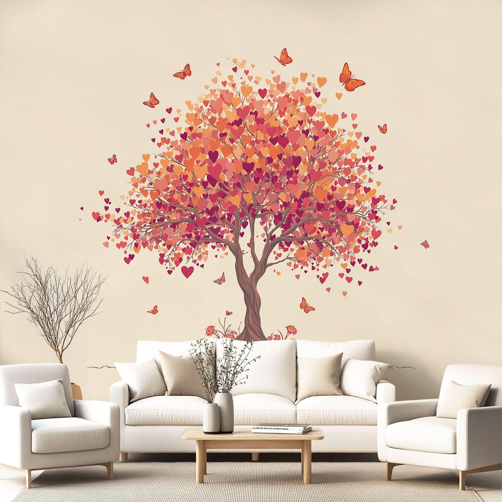 Tapeta 3D romantyczna, minimalistyczna, przytulna, 315 x 215 cm, mural, drzewo, motyl, botaniczna tapeta mural do sypialni, przedszkola, malowniczego ogrodu