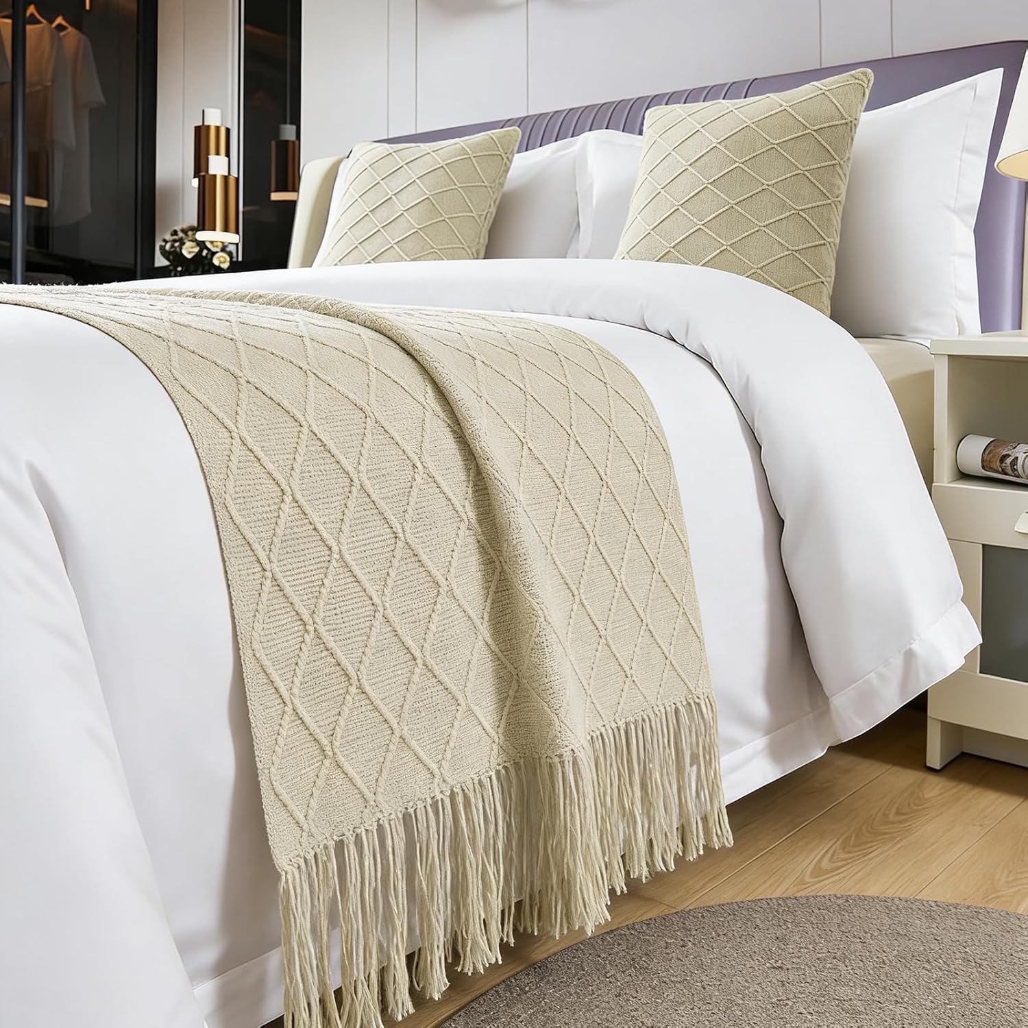 Geometry Bed Runners for Queen SizeBed Solid Beige Bed Scarf with Tassel Boho Knit BedRunner Scarves Decorative for Bedroom Home Hotel (91 x 24 Inches, 1 Piece)