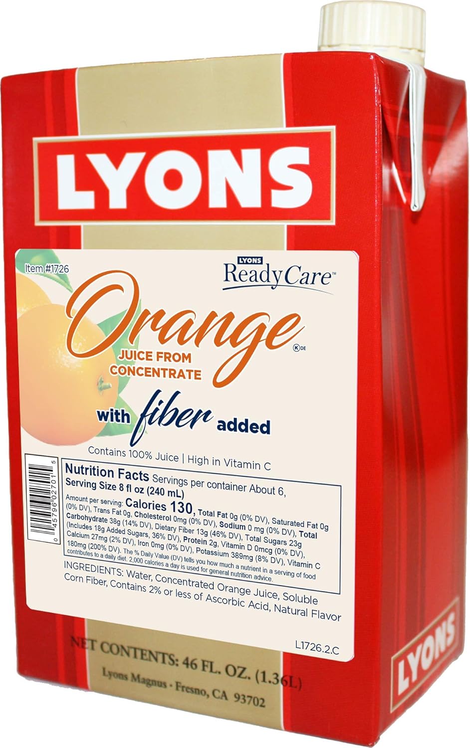 Lyons ReadyCare 100% Orange Juice with Fiber for Digestive Health - 46 fl oz Cartons (12 Pack)