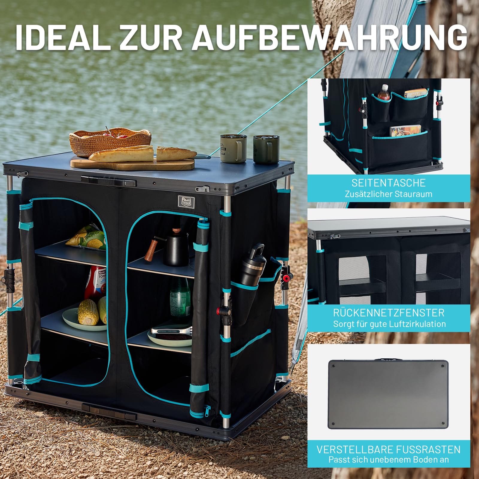 TIMBER RIDGE Campingküche Campingschrank Faltbar Aluminiumgestell Camping Regal Klappbar Outdoor Faltschrank All-in-one Küchenbox mit Tragetasche