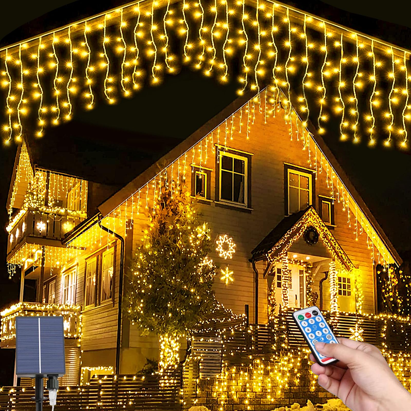 Hulaiyaa Luces Solares de Carámbano, 5M Guirnalda Luces de Cascada con Control Remoto, 16 * 0.8M 128LEDS Cortina Luces Navidad Derotación Impermeable para Courtyard Garden Street Park