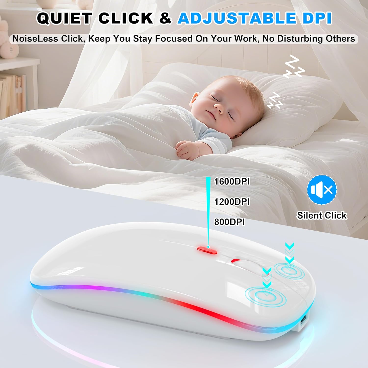 LED Bluetooth Wireless Mouse for MacBook Air/Pro/iPad/Mac/PC/Laptop, Portable Rechargeable Mouse 3 Mode BT 5.2 & 2.4G USB-A/USB-C Connection, Slim RGB Computer Mice with Jiggler Mode, White 6 81UbRayUkYL. AC SL1500