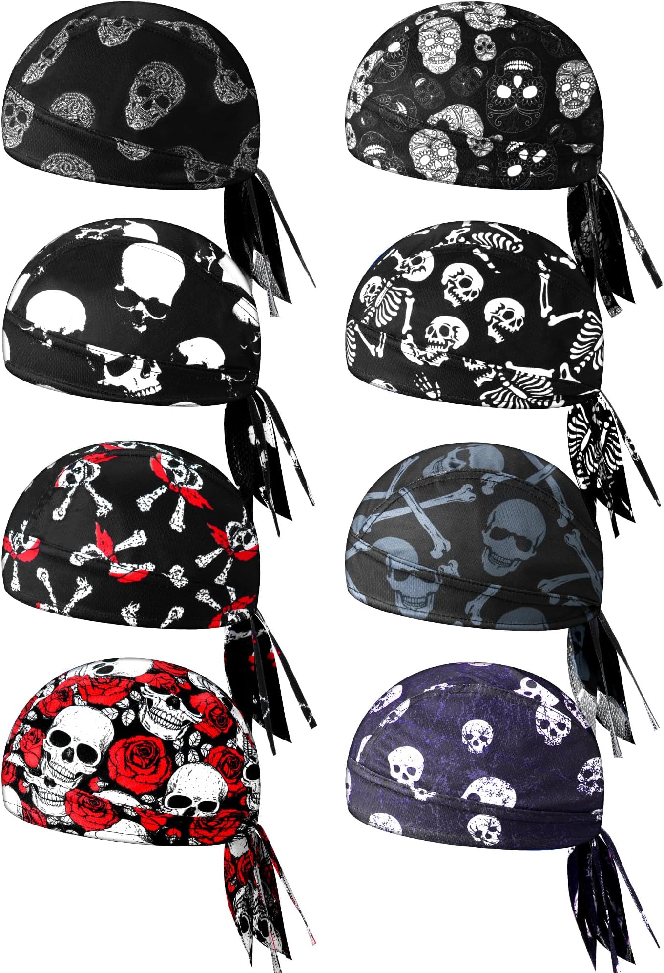 Foaincore8 Pack Do Rag Skull Caps for Men Sweat Wicking Doo Rags Cooling Helmet Liner Cycling Motorcycle Bandana