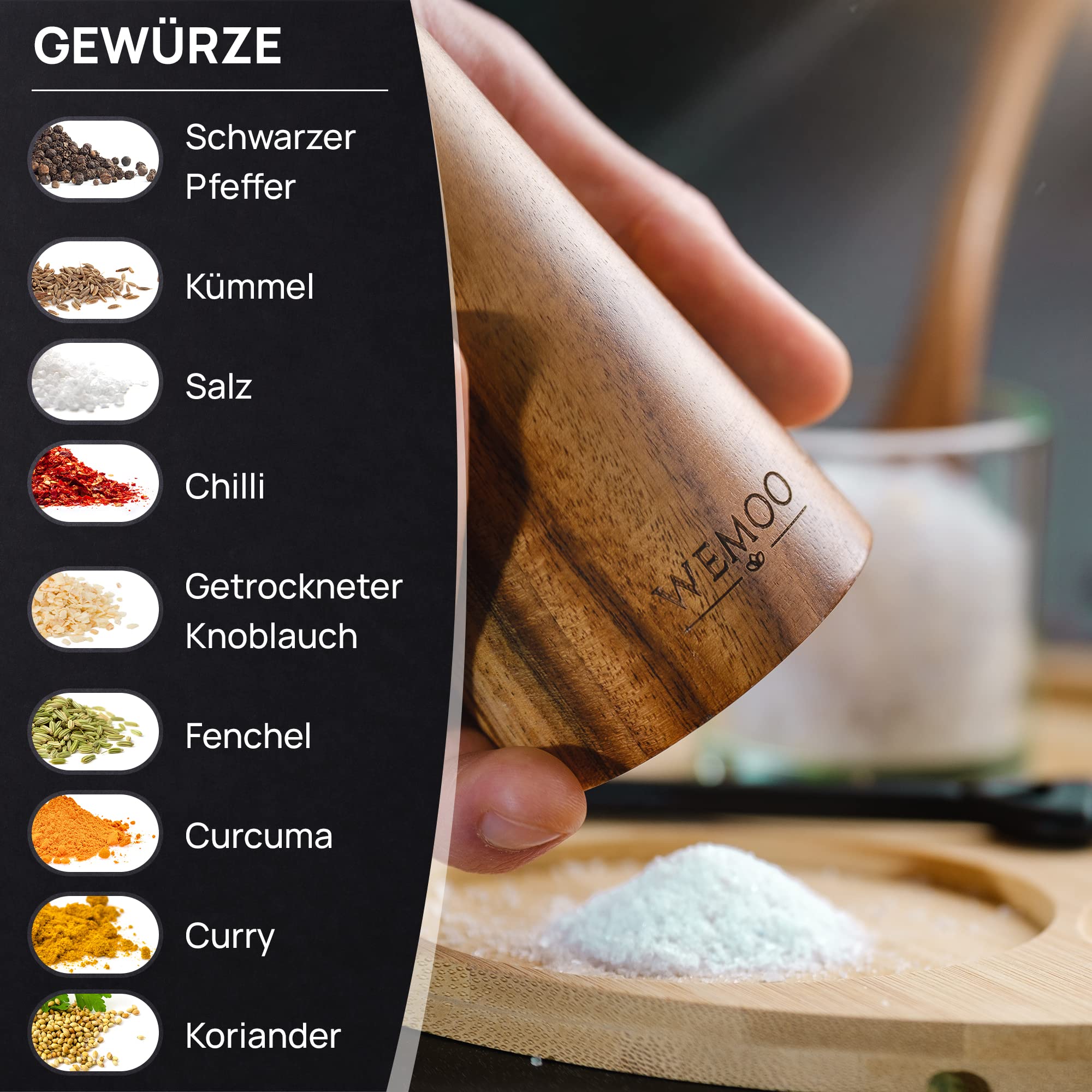 Młynek do soli i pieprzu z drewna, bardzo duży (25,5 cm), młynek do przypraw z wytrzymałym ceramicznym mechanizmem mielącym, dodatkowa łyżka do napełniania i pędzel do czyszczenia, zestaw z