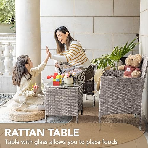 Vista 13 de Devoko - Juegos de 3 piezas de muebles para porche/patio, ratán de polietileno, sillas de mimbre con mesa - Muebles de jardín para exteriores