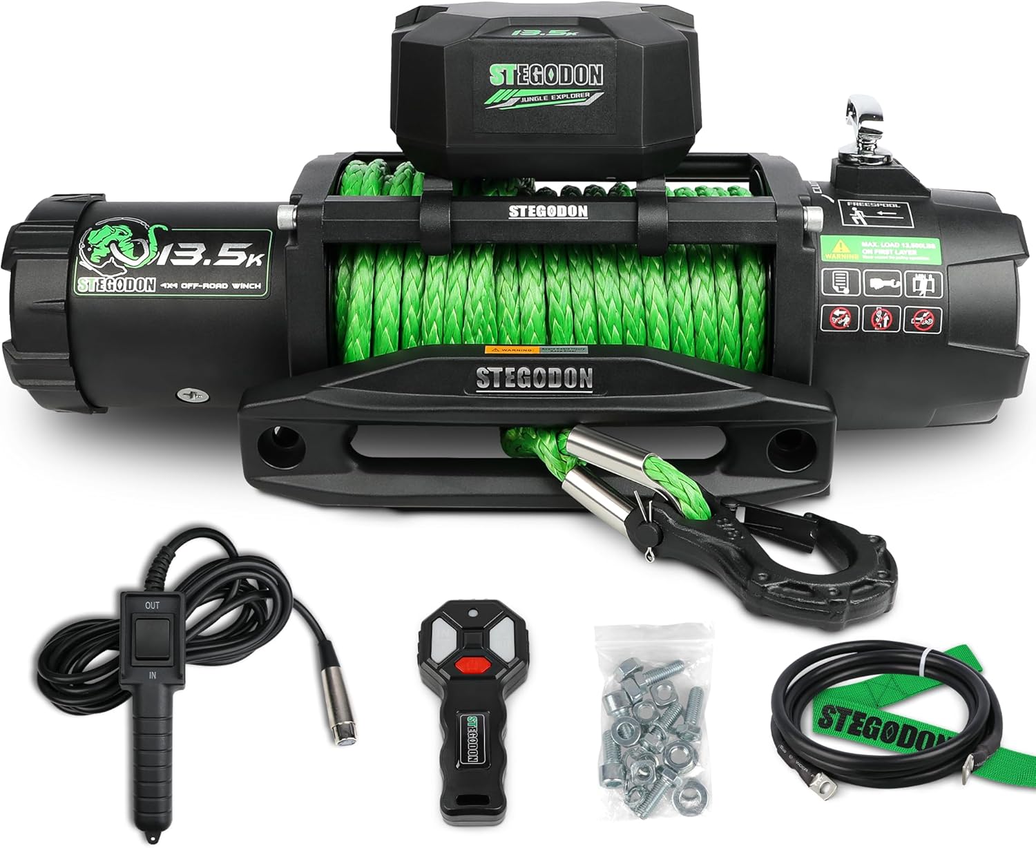 Winch 9500lb Winch 12V Waterproof Electric Winch Synthetic Rope Winch with Wireless Remote and Corded Control for Truck SUV Jeep Wrangle (Green Rope)
