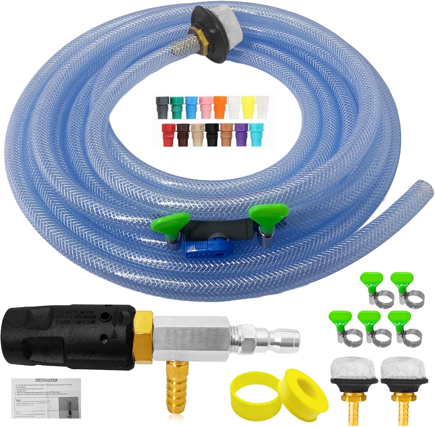 Adjustable Long Range Downstream Injection Nozzle Kit 4-4.5 GPM, Pressure Washer Spray Nozzle, Spray Nozzle Pressure Washer with 1/4" Quick Connect/15FT Hose/Shut-off Valve/Filter.2500 to 4000 PSI.