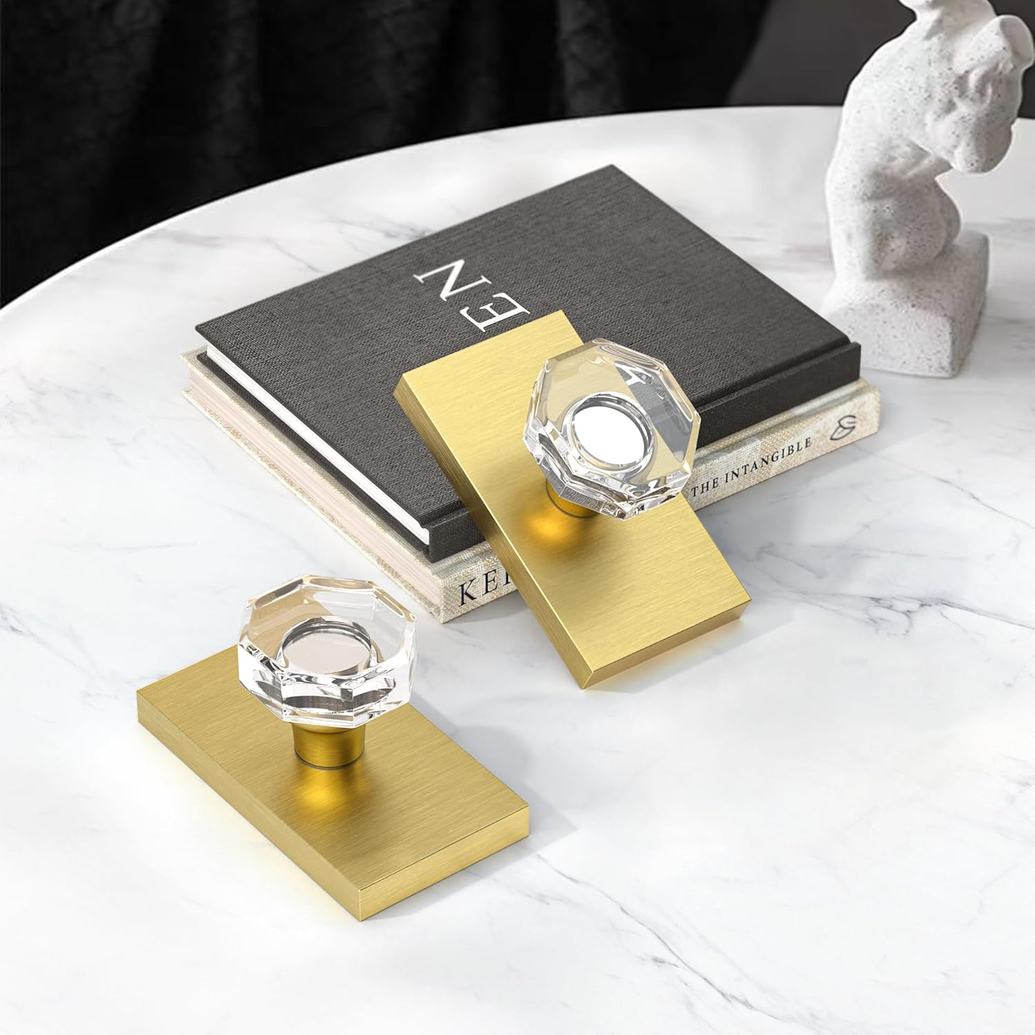 2 Pack Crystal Door Knobs, Gold Dummy Knob Glass Interior Single Sided Decorative, Octagonal Satin Brass
