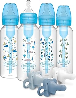 Dr. Brown's Options+ 8oz Narrow Anti-Colic Bottles (Blue Nature, 4-Pack) & HappyPaci 100% Silicone Pacifiers 0–6m (BPA-Free, 3-Pack, White/Blue/Light Blue)