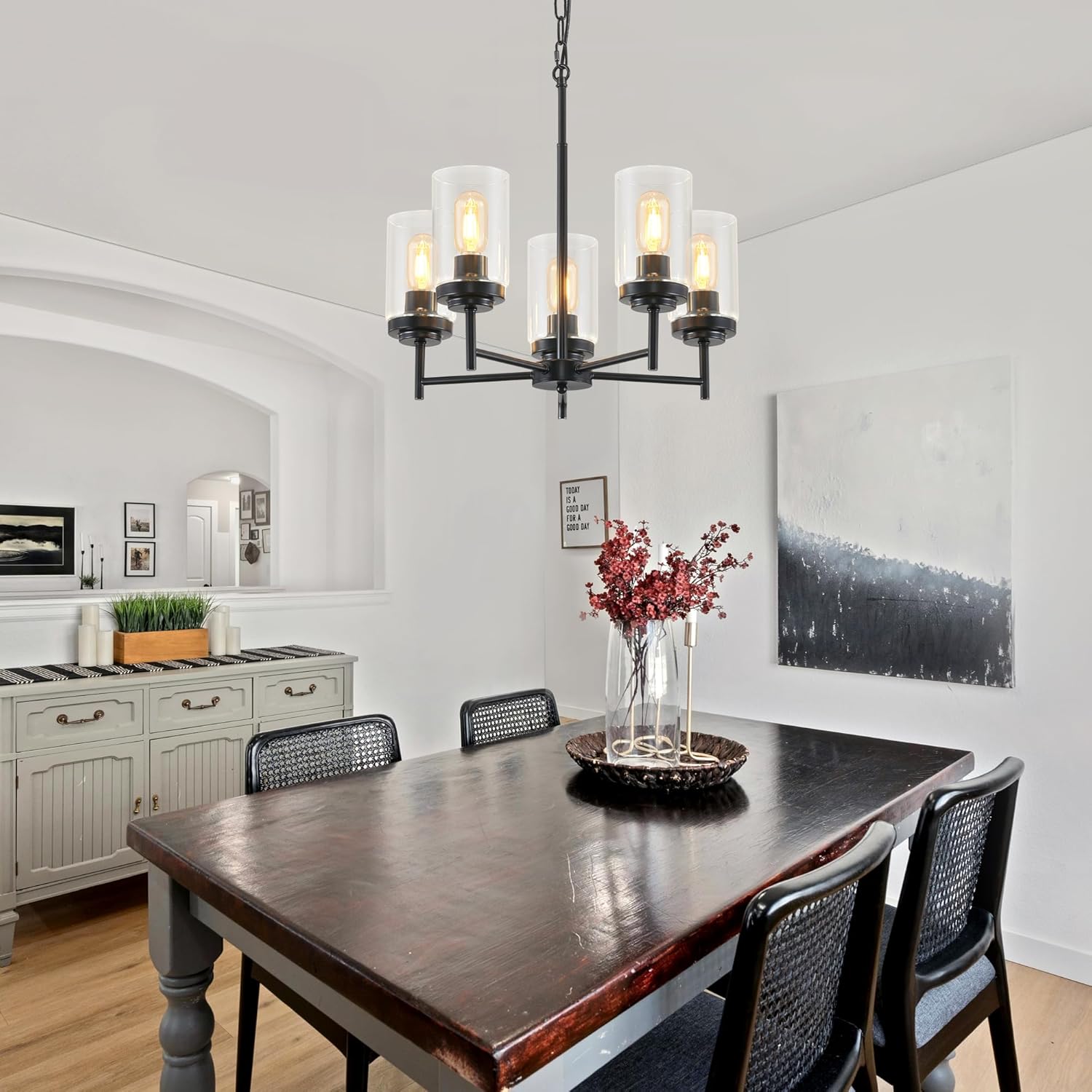 5-Light Farmhouse Glass Chandelier, Modern Black Chandelier for Dining Room Island Lights Industrial Hanging Foyer Lighting Fixtures Chandeliers for Entryway Kitchen Living Room Adjustable Height