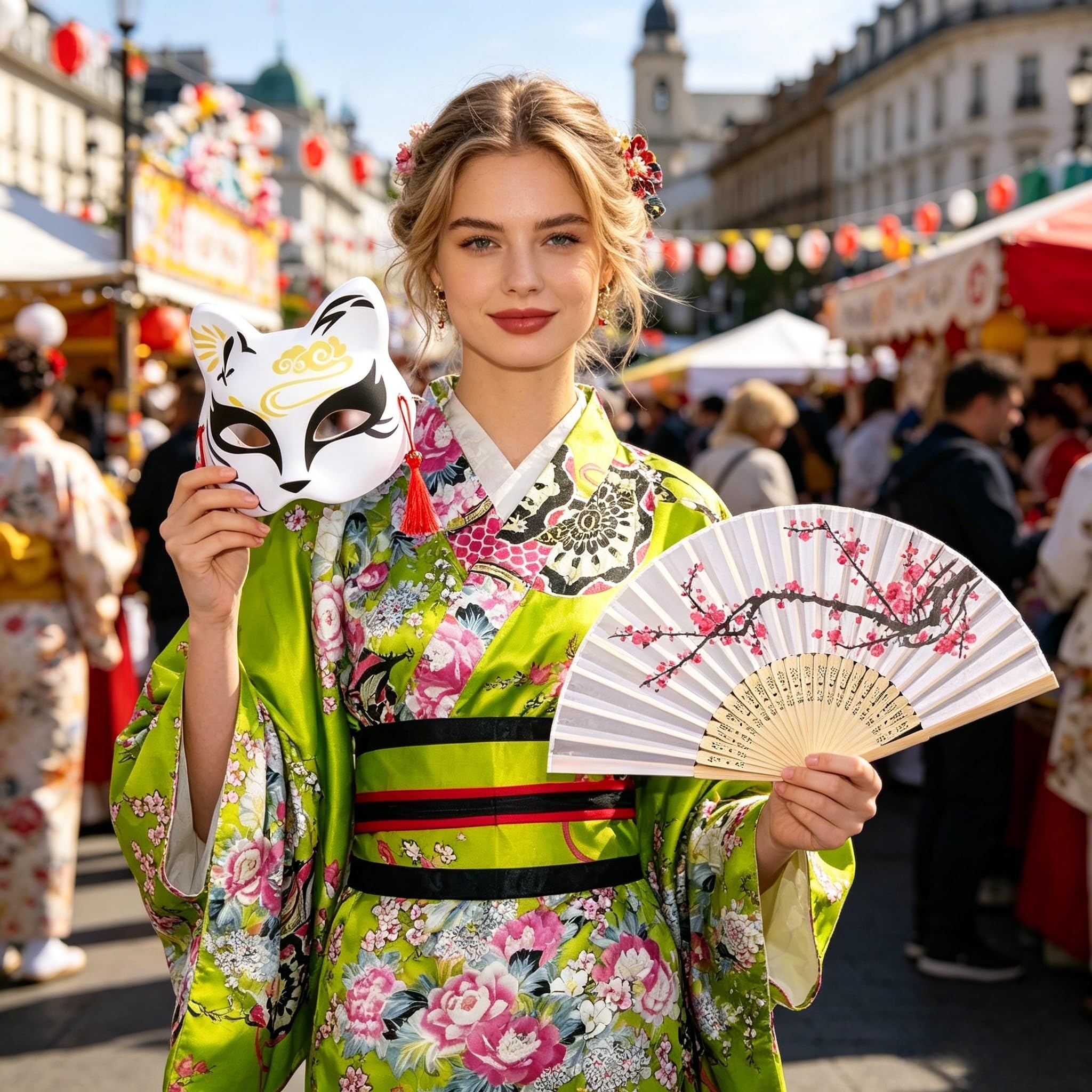 5 Pièces Kimono Japonais Femme, Tenue de Yukata Style Set avec Éventail, Maske, Cheveux, Carnaval Costume, pour Fête ou Spectacle