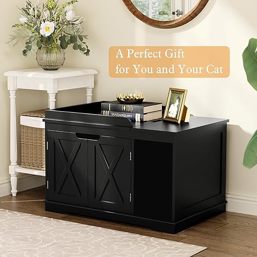 Miniatura 6 de Cajas de arena para gatos con tapa abatible, caja de arena cubierta, muebles ocultos, gabinete de baño de madera para gatos, gatos medianos y