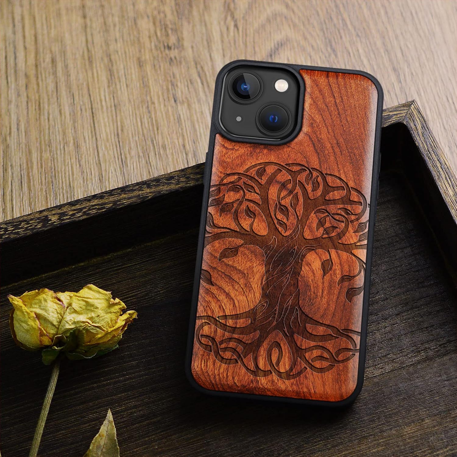 Carveit Magnetic Wood Case for iPhone 14 Case [Natural Wood & Black Soft TPU] Unique & Classy Wooden Shockproof Protective Cover Compatible with magsafe (Celtic Tree of Life -Rosy)