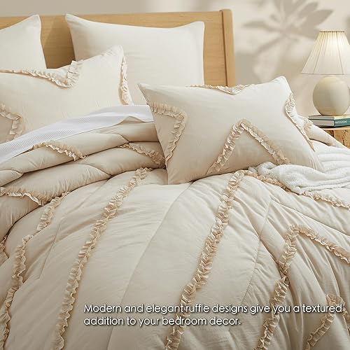 Miniatura 3 de BEDAZZLED Juego de edredón King  Edredón beige con volantes de 5 piezas, ropa de cama en una bolsa, edredón de cama texturizado, elegante juego de