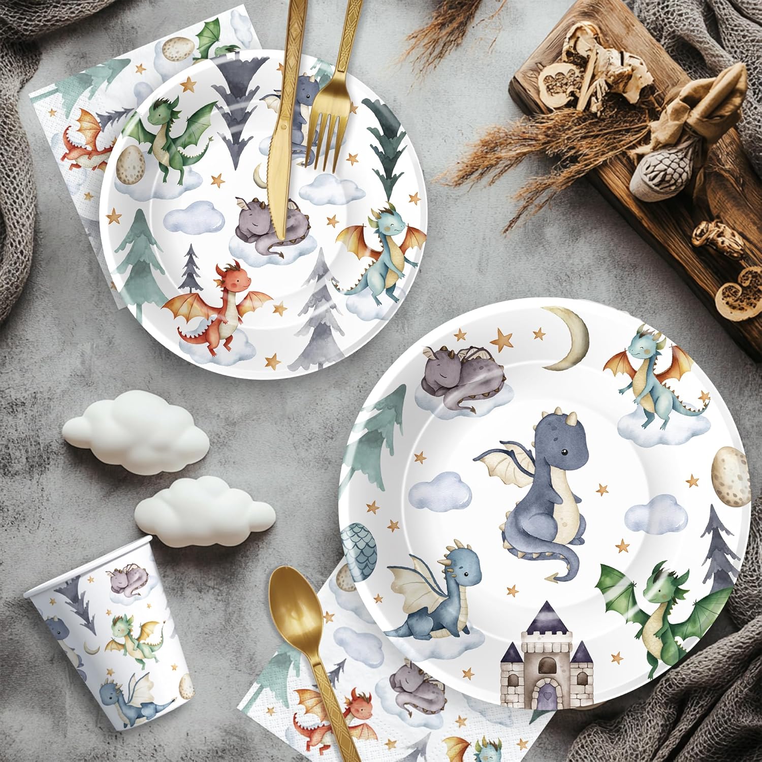 Dragon Birthday Party Supplies, Magic Dragons Party Decorations, Paper Plate, Napkin, Cup, Tablecloth, Cutlery, Magical Dragon Birthday Baby Shower Table Decorations, Serves 24 - Image 5