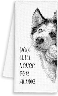 Funny Dog Husky Bathroom Towels, You Will Never Pee Alone Hand Towels Decor for Bathroom Kitchen, Cute Dish Towel Gifts for Dog Lovers Christmas, Rustic Bar Tea Waffle Towel for Dorm 16x24in