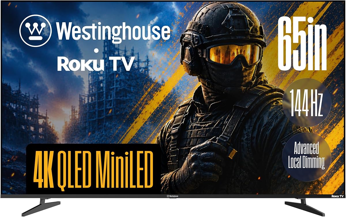 Westinghouse Mini LED 4K UHD Roku Smart TV Max de 65 pulgadas, frecuencia de actualización nativa de 144 Hz, juegos VRR y ALLM, QLED Quantum Color, Dolby Vision HDR, atenuación local, MEMC Motion, Apple AirPlay 2 y HomeKit