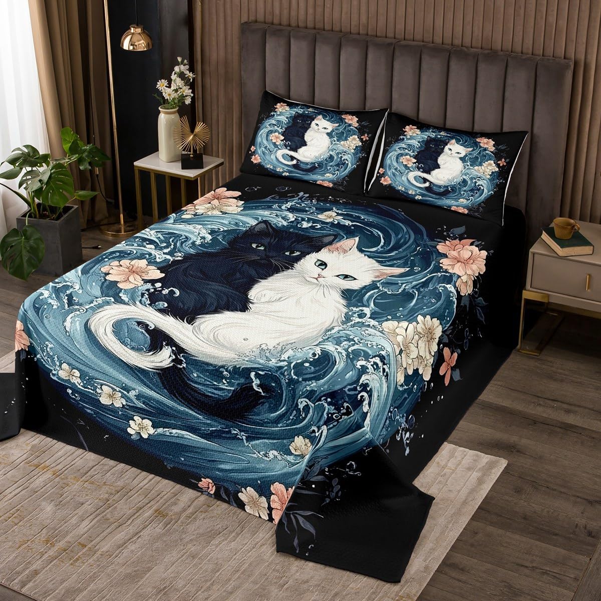 Black White Cat Bedspread Queen Size,Japanese Ukiyo-e Art Bedding Set 3Pcs for Kids Teens Adult Room Decor,Cartoon Animal Comforter Set Vintage Cherry Blossom Coverlet Quilt,2 Pillowcases