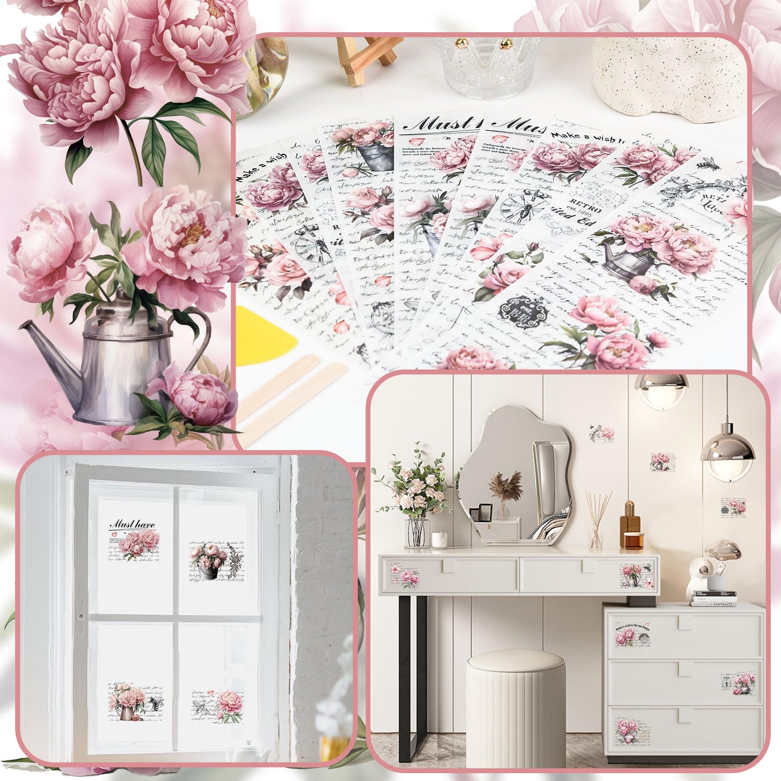 Snapklik.com : 10 Sheets Rub On Transfer Sticker, Vintage Peony Flower ...