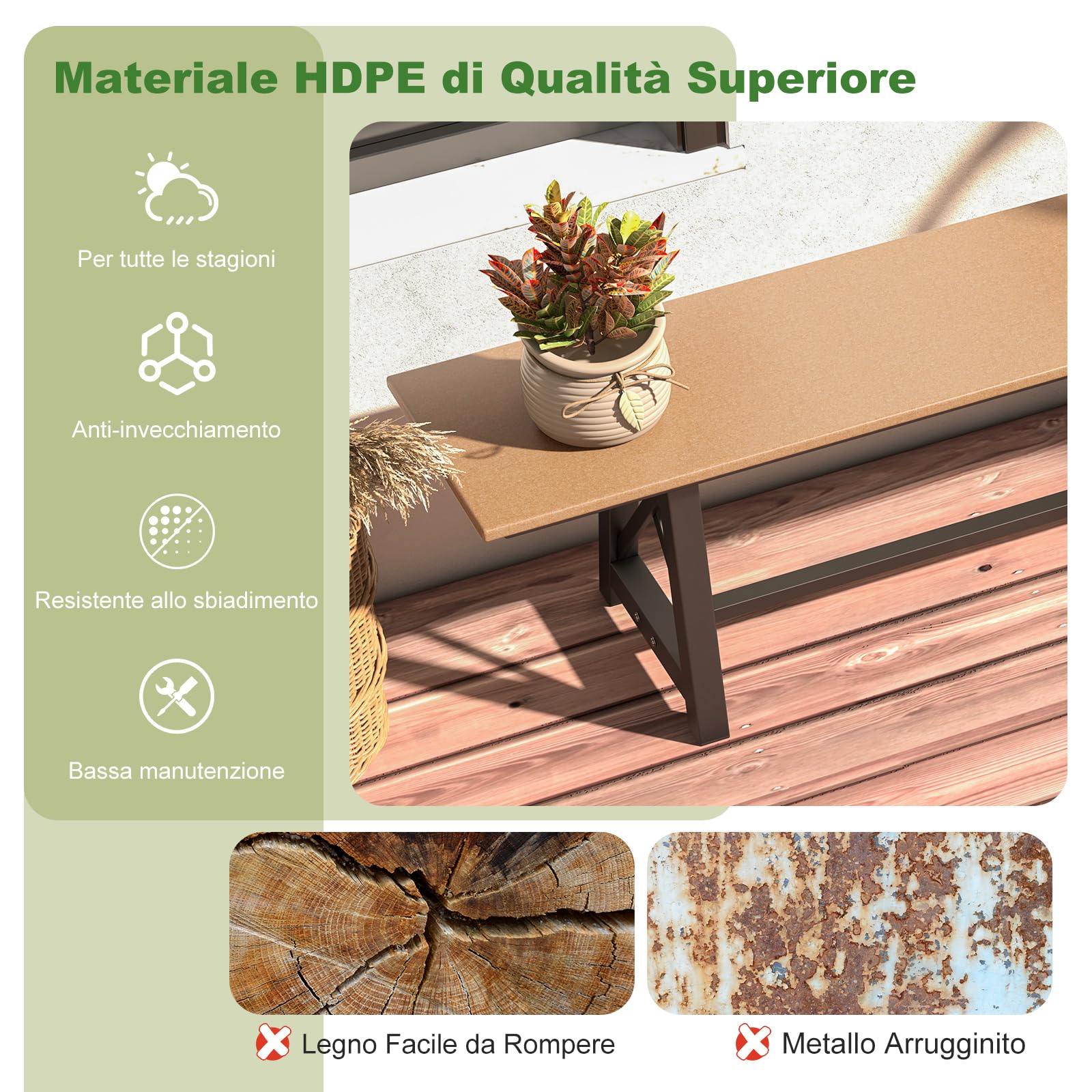 COSTWAY Panchina da Esterno in HDPE, Panca da Giardino Resistente alle Intemperie con Struttura Metallica, Panchina da Giardino, Cortile, Patio e Parco, Capacità di 500 KG