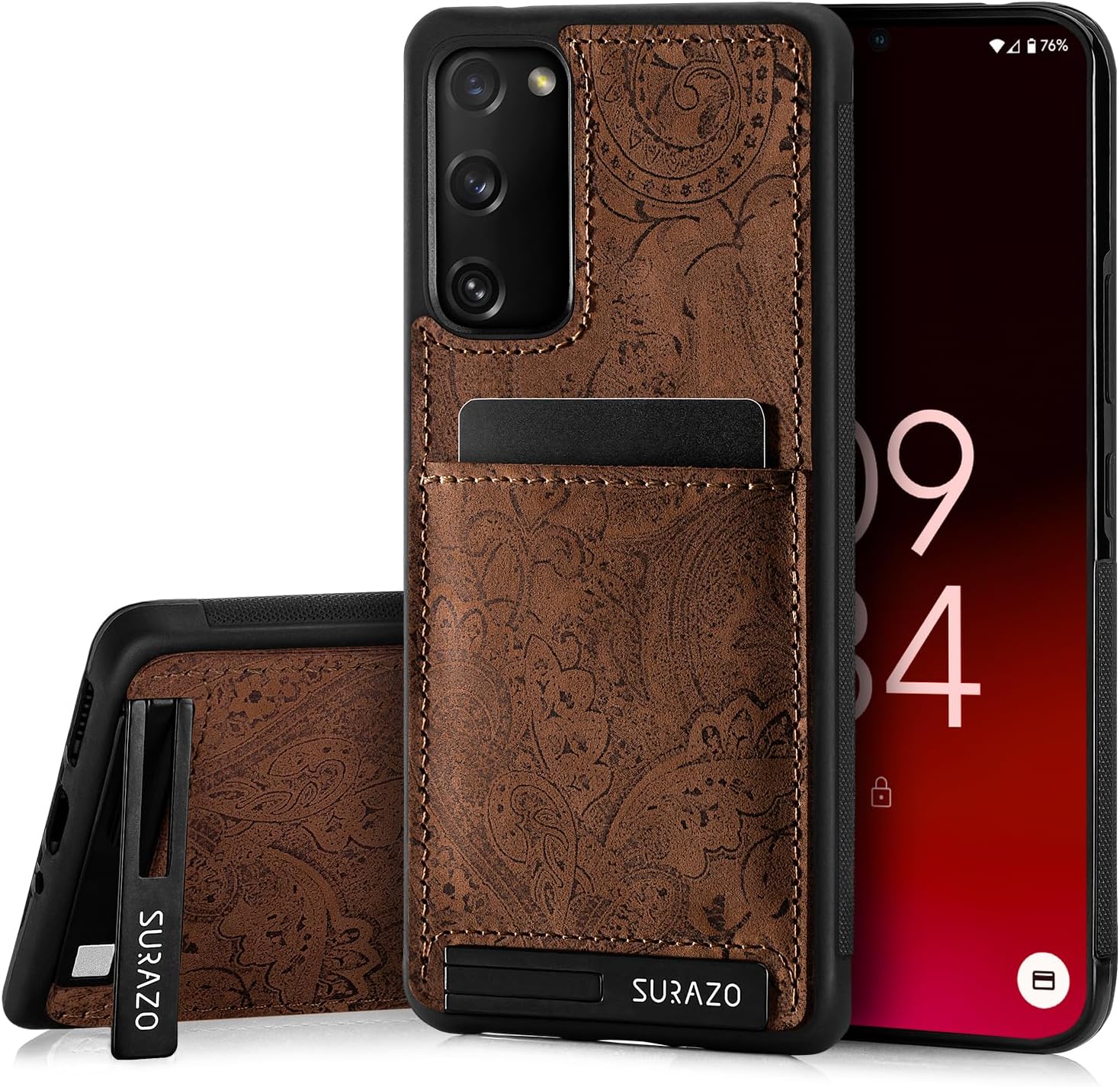 SURAZO Premium Genuine Leather Back Case for Samsung Galaxy S20 FE 5G Case - Shockproof Leather Mobile Phone Case Cover [Card Slot, Stand Function, Key Ring] Floral Slim Bumper Protective Case