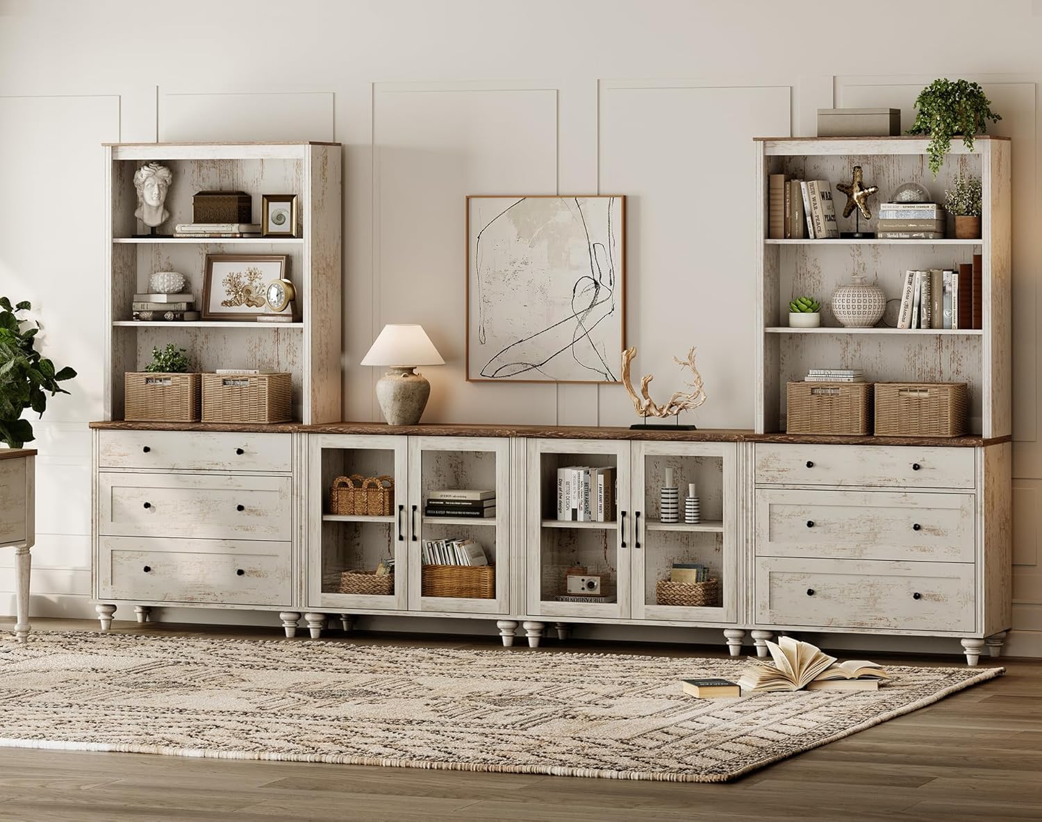 WAMPAT Entertainment Center with Bookshelves with Glass Doors & Drawer, Farmhouse Wall Unit TV Stand for TVs up to 75", Media Console Table for Living Room, Bedroom & Home Theater, Rustic White